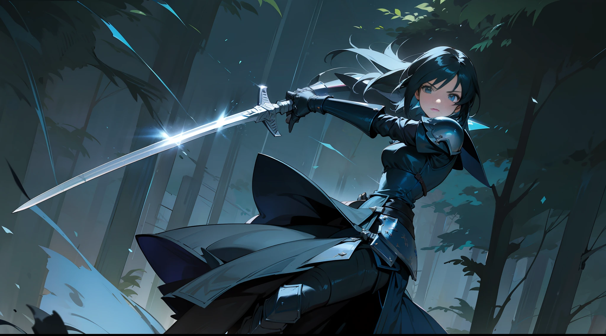 Rinoa, from Final Fantasy 8, wearing a dark blue dress armor, with a large blue sword and a shield, and Squall, from Final Fantasy 8, wearing a dark black armor, with a large black sword, full gauntlets, perfect anatomy, perfect face, forest background