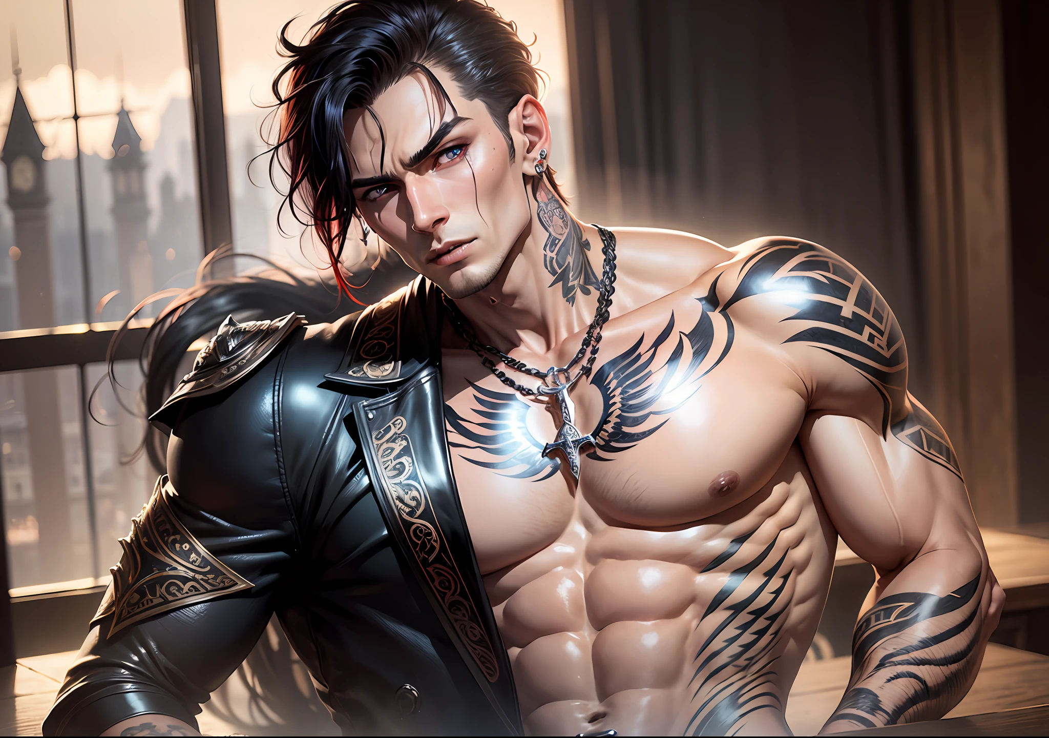 man, vampire, masculine, masculine face, attractive, muscular, ((1man)), masterpiece, absurdres, best quality ,intricate details , (shiny skin, shiny body, shiny oily luster skin, shiny hair, pale skintone), old castle, Sundown, attractive, ((muscular)), adult, one, tattoo in his chest ,black blouse, earrings, black pants, Don't look at the view , Not looking at the view, red short hair, perfect detailed face, perfect detailed hands, vampire fangs, blue eyes, ((MLS)), medium large shoot --auto --s2