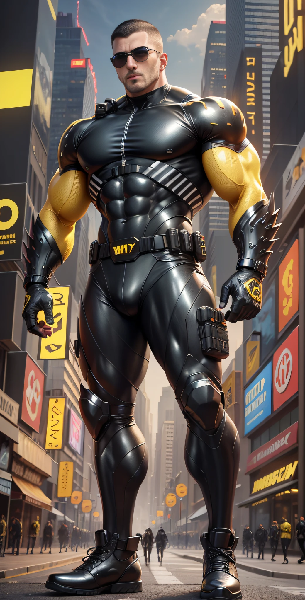 Arad man in black and yellow clothes standing on city street, muscle male hero, Buzz cut, heroic male pose, muscular! Wearing black sunglasses, cyberpunk, stealth suit, super buff and cool, high resolution committee, character design police, black army boots, charismatic strong male with armor