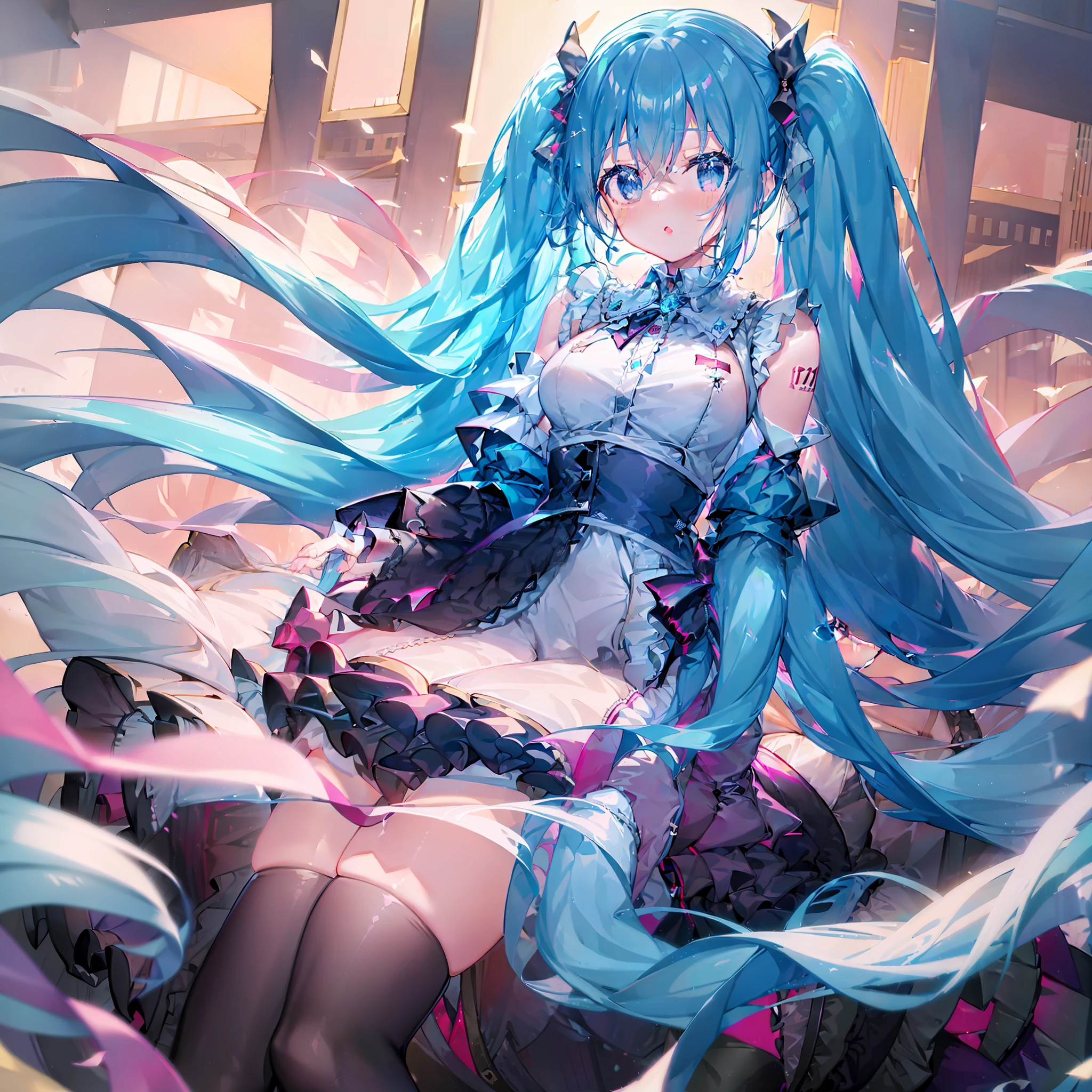 Masterpiece, superlative, extremely detailed 8K wallpaper, 1girl, outdoor, helena (azur route), off-the-shoulder dress, dress, layered dress, white flowers, hair accessories, purple eyes, (choker), silhouette, (black gloves), bare legs,