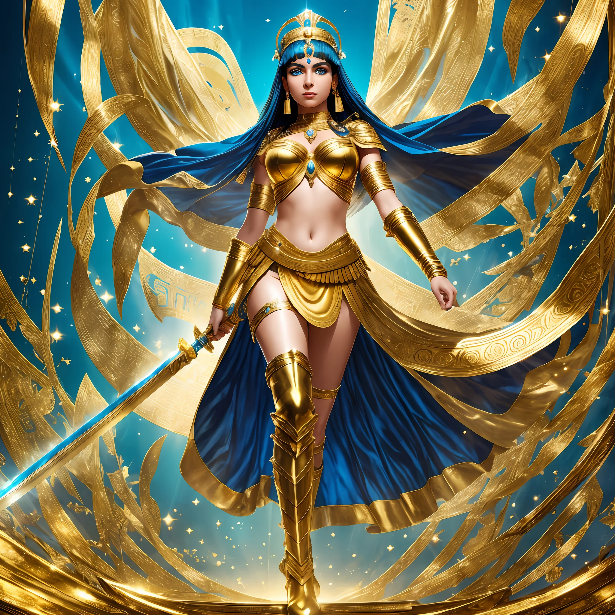 Cleopatra, metallic heroic costume covering the entire body, holding golden sword, golden and blue lights in aura, dynamic pose, ocean blue background, standing, apparent feet, boots