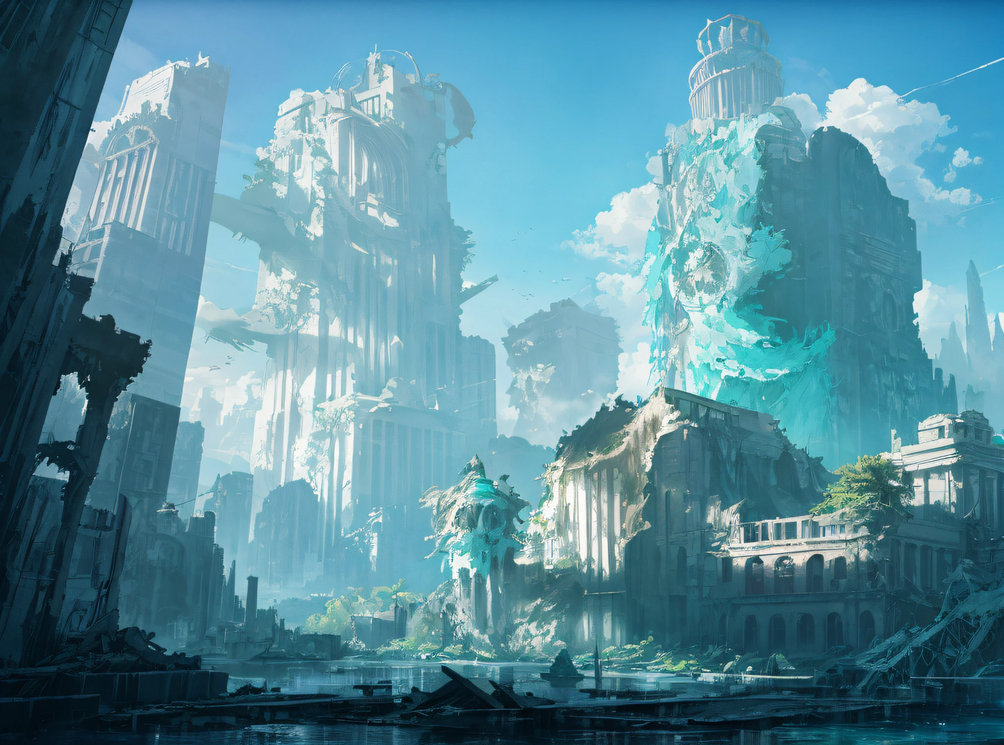 ConceptArt, (ruins), water flooded city, no man, landscape, water, sky, daytime, modern style building, stairs, outdoors, architecture, nature, river, blue sky