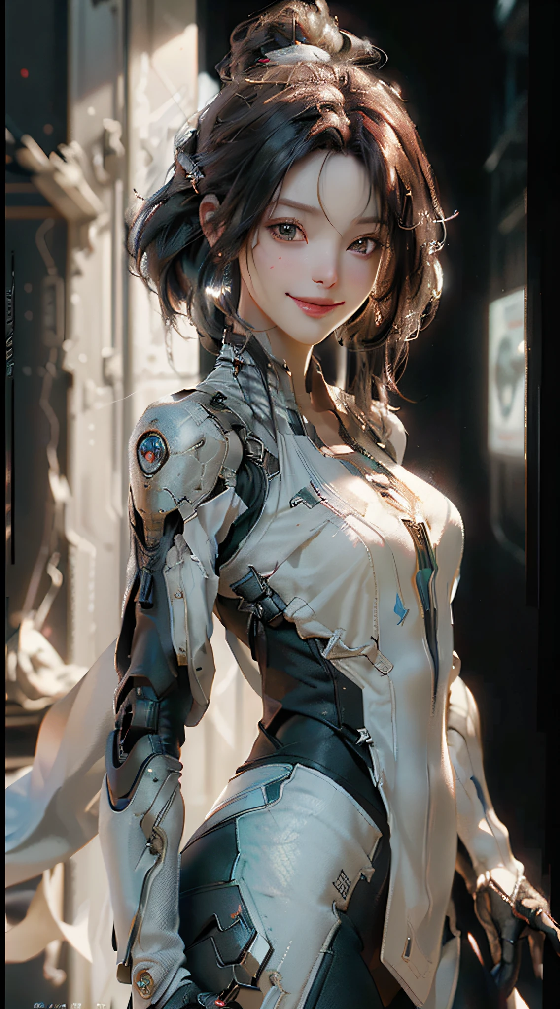 (Best Quality), ((Masterpiece), (Detail: 1.4), 3D, A Beautiful Cyberpunk Female Figure, Smile, HDR (High Dynamic Range), Ray Tracing, NVIDIA RTX, Super-Resolution, Unreal 5, Subsurface Scattering, PBR Textures, Post-processing, Anisotropic Filtering, Depth of Field, Maximum Sharpness and Sharpness, Multi-layer Textures, Albedo and Highlight Maps, Surface Shading, Accurate simulation of light-material interactions, perfect proportions, Octane Render, two-color light, large aperture, low ISO, white balance, rule of thirds, 8K RAW,