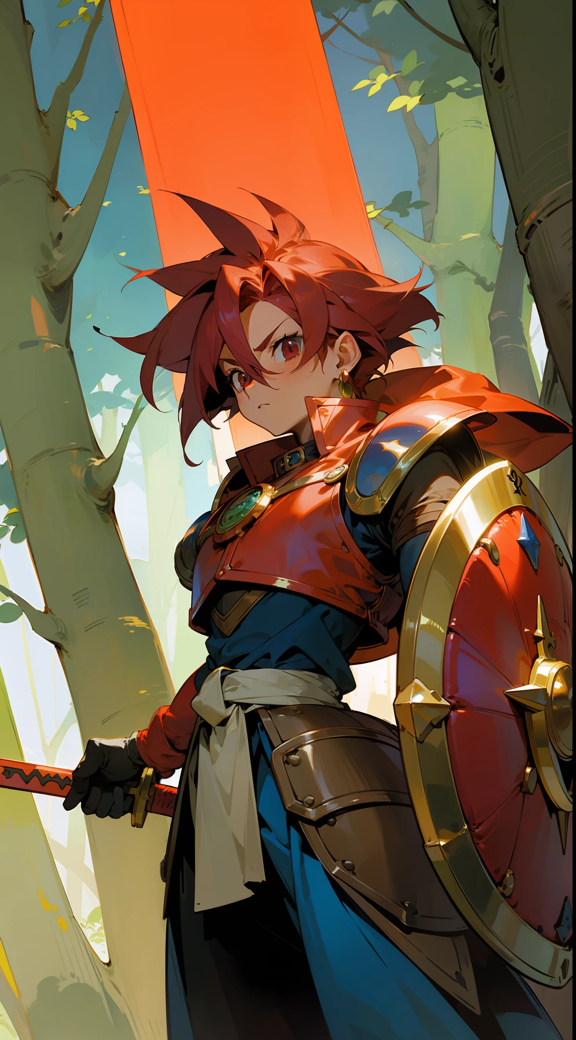 Chrono, from Chrono Trigger, wearing a colored armor, with a large red sword and a shield, perfect anatomy, perfect face, forest background