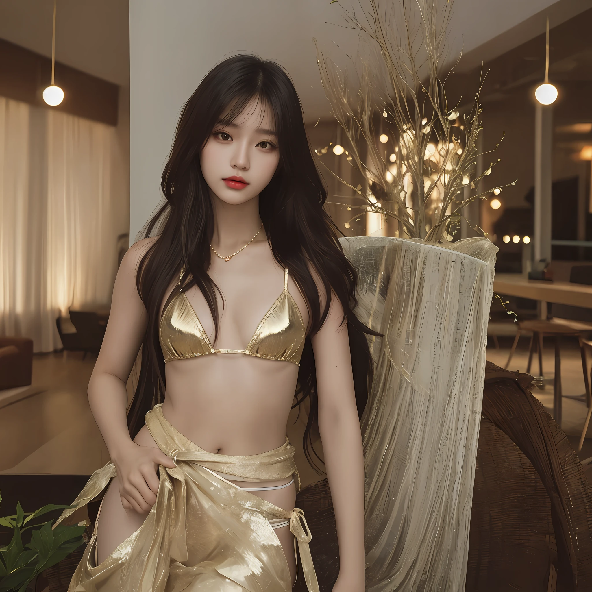 Superb, Masterpiece, Ultra High Quality, Realistic, Girl, (Beautiful Face 1.4), (Middle, Constricted Waist), Long Hair, Indoors, Bokeh, Beautiful Light, Glossy Skin, Small Head, Bikini, Full Body