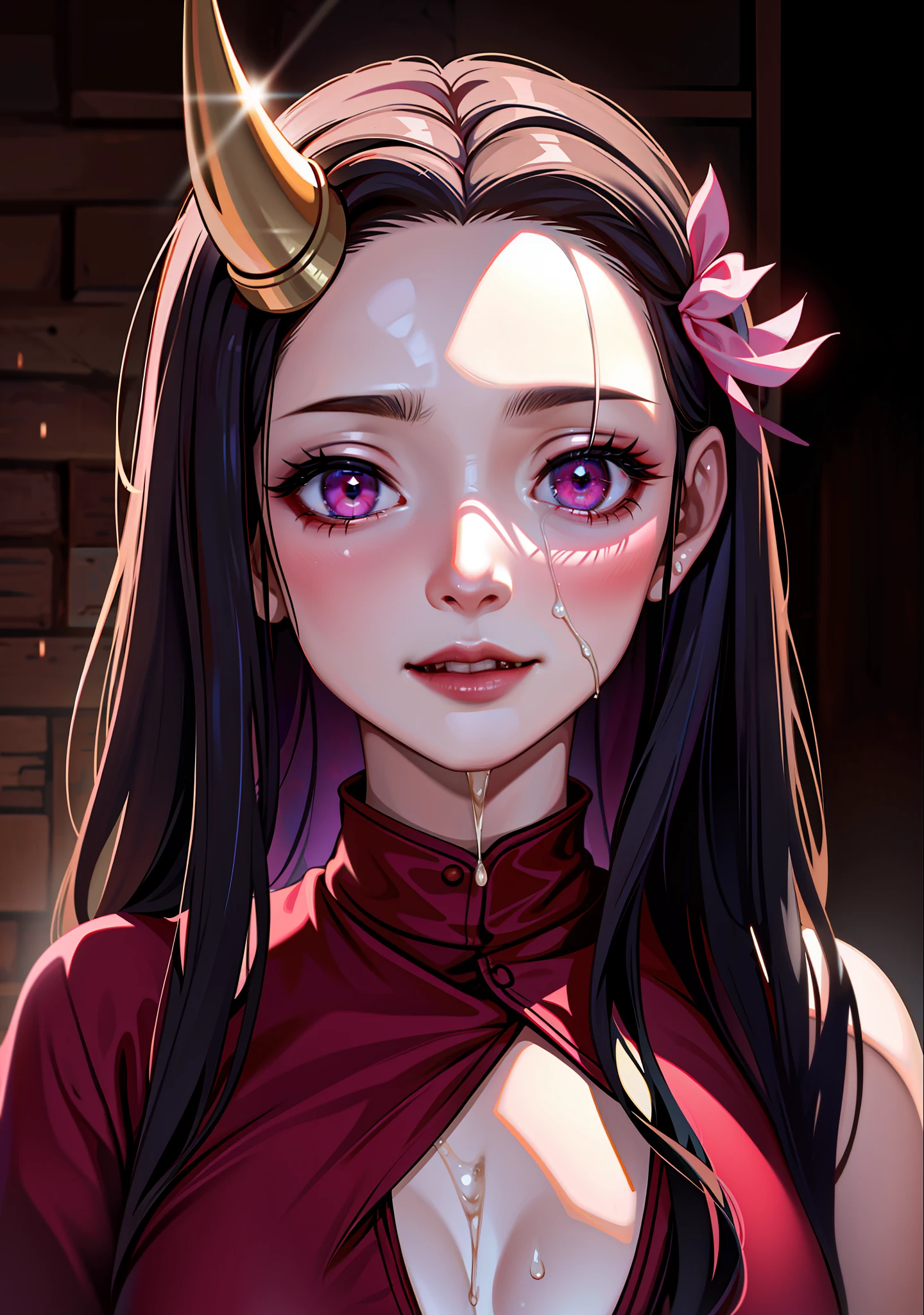 masterpiece, photography, realistic eyes, best quality, gag, gag, bamboo, beautiful lighting, cinematic, 8k, 1girl, facial, cum on face, wet face, liner, vampire, wooden walls, medium tits, kamado nezuko, little horn, pink eyes,