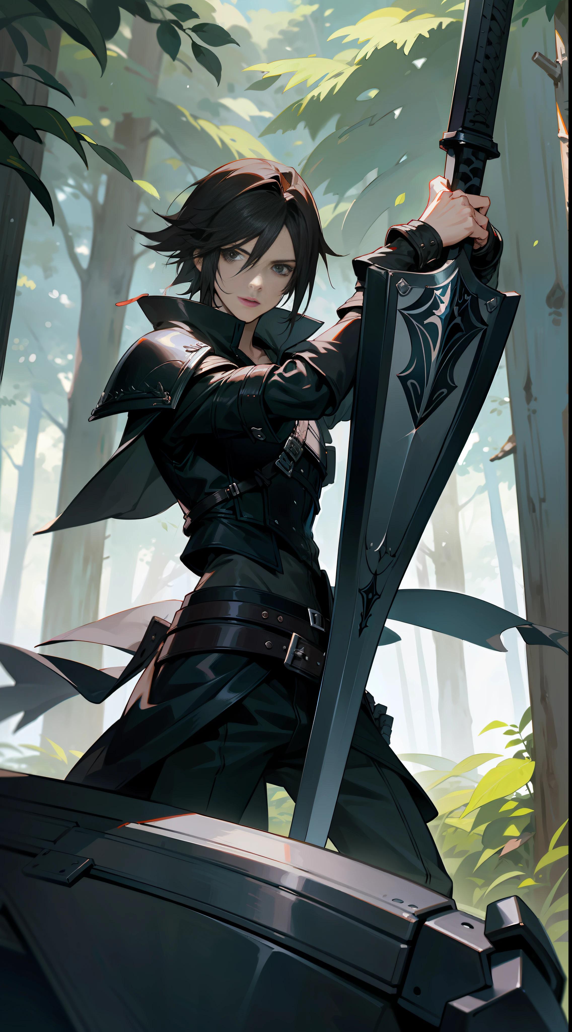 Squall, from Final Fantasy 8, wearing a dark black armor, with a large black sword and a shield, full gauntlets, perfect anatomy, perfect face, forest background