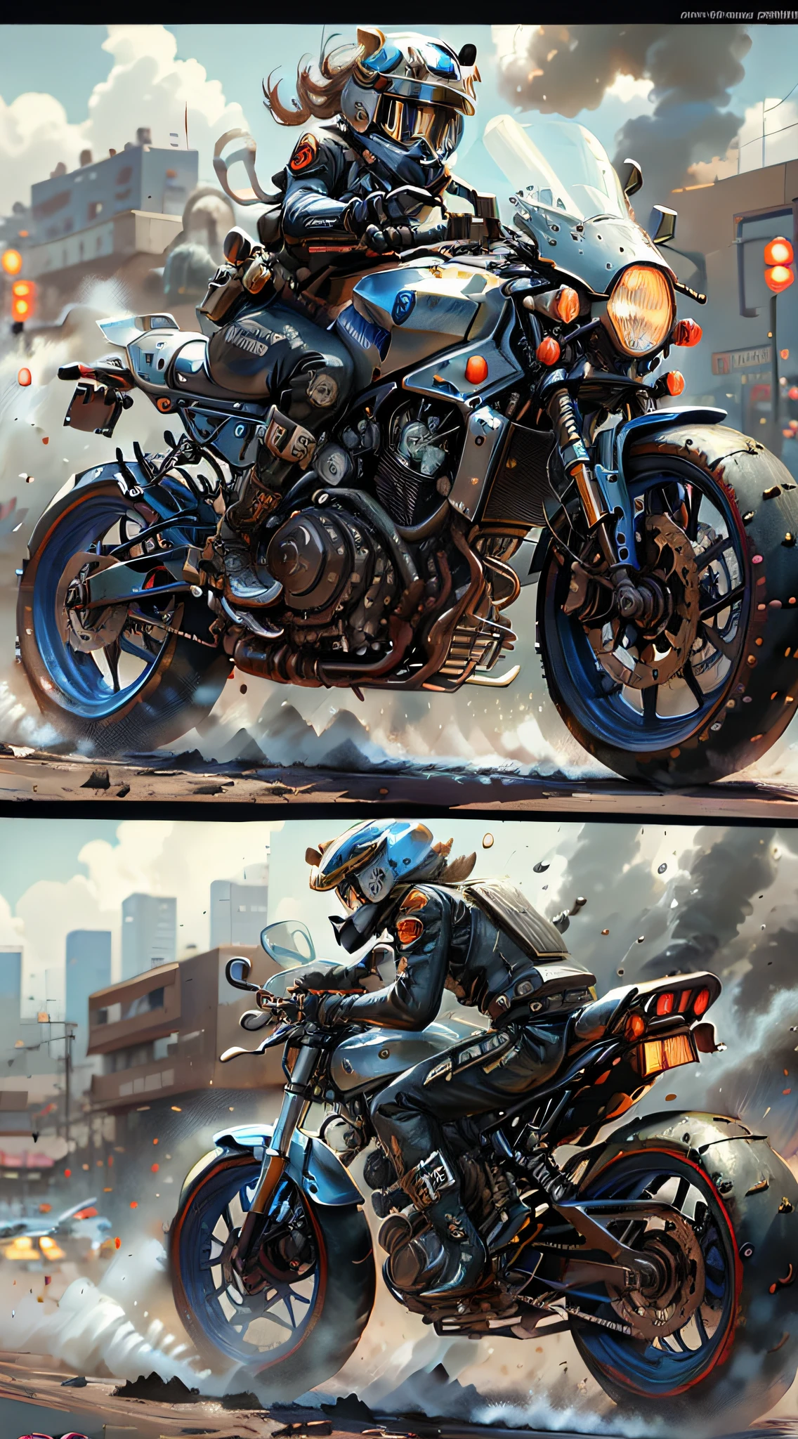 【Illustration】 Manga page, there are multiple panels on one page: a portrait of driving a motorcycle drag racing, several men and women riding motorcycles (multiple movements and expressions), racing in a city full of gunsmoke, tires rubbing the ground and sparks splashing, smoke and dust (close-up, low motion blur) [Continuous shooting] in the style of Tetsuo Hara, cobalt blue and reflective silver, film P30, asymmetrical composition