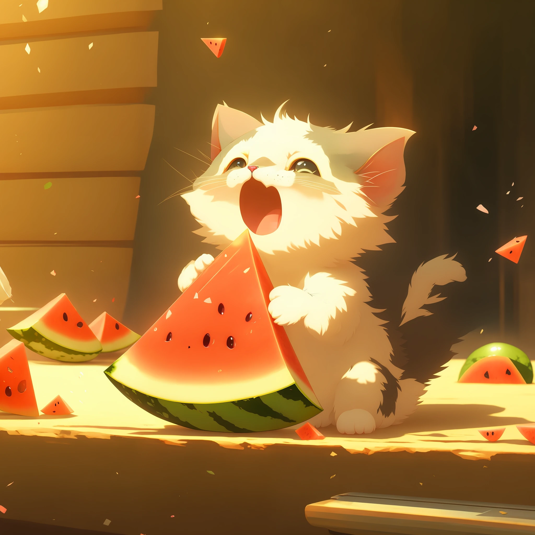 anime cat with a slice of watermelon in its mouth, adorable digital painting, anime visual of a cute cat, cute digital art, cute detailed digital art, anime cat, cute artwork, material is!!! watermelon!!!, by Yang J, trending on artstation pixiv, artwork in the style of guweiz, kawacy, by Goro Fujita, guweiz