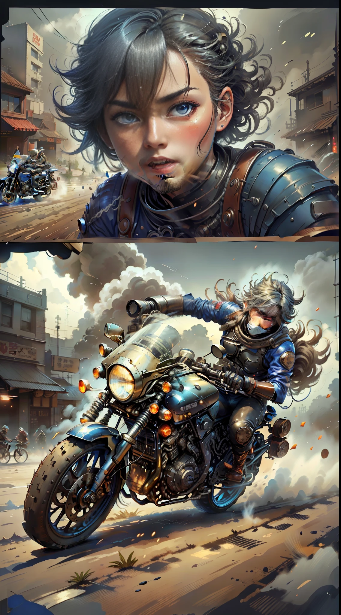 【Illustration】 Manga page, there are multiple panels on one page: a portrait of driving a motorcycle drag racing, several men and women riding motorcycles (multiple movements and expressions), racing in a city full of gunsmoke, tires rubbing the ground and sparks splashing, smoke and dust (close-up, low motion blur) [Continuous shooting] in the style of Tetsuo Hara, cobalt blue and reflective silver, film P30, asymmetrical composition