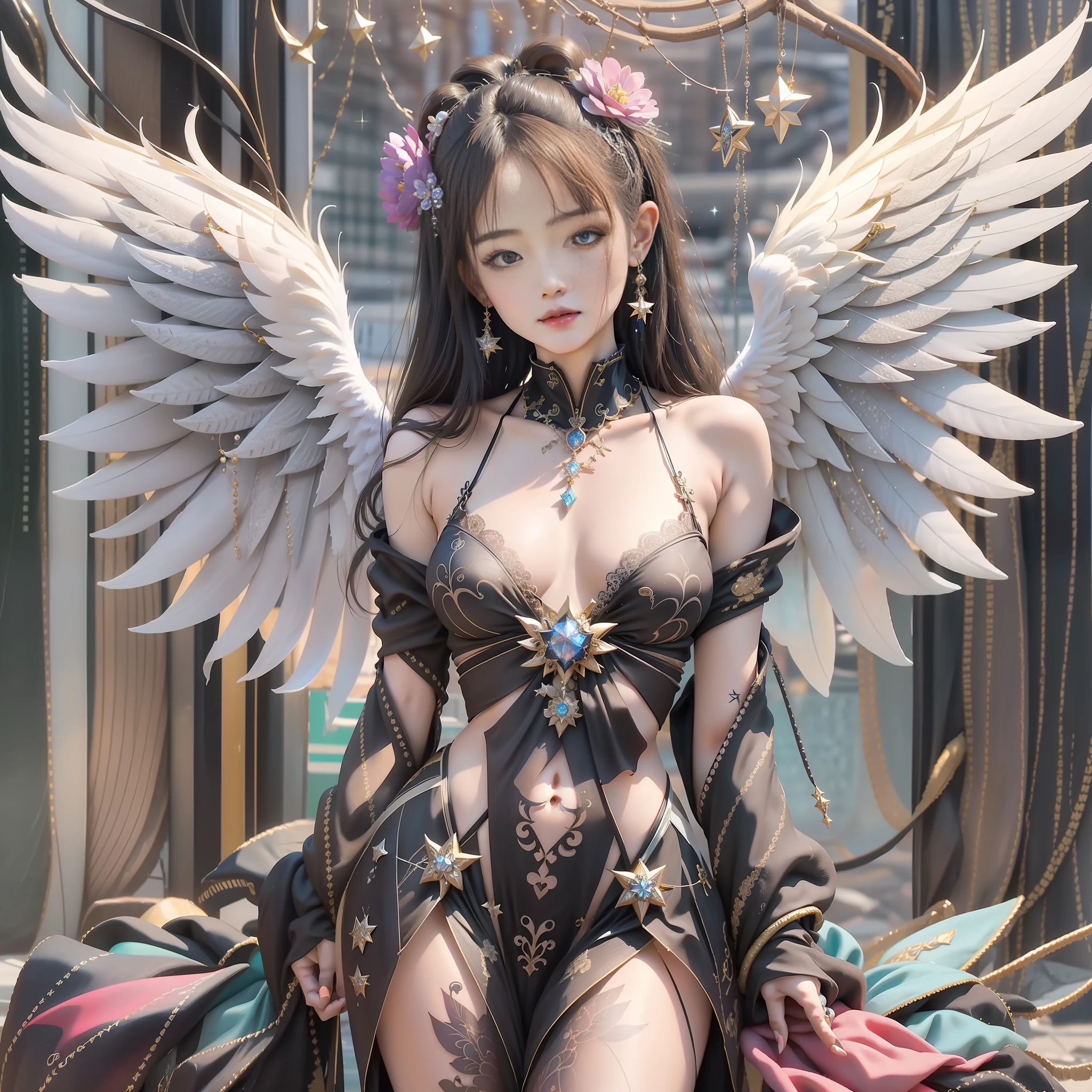 Masterpiece, fantastic girl on tarot cards, exquisite transparency, angel wings, sparkling universe, cyberpunk, full body, cute, sexy, very extreme and detailed details, charming beautiful Japan human face, sparkly jewelry earrings, pretty fingers, zentangle tattoo, floral ornament, star, lace ornament, high-quality texture