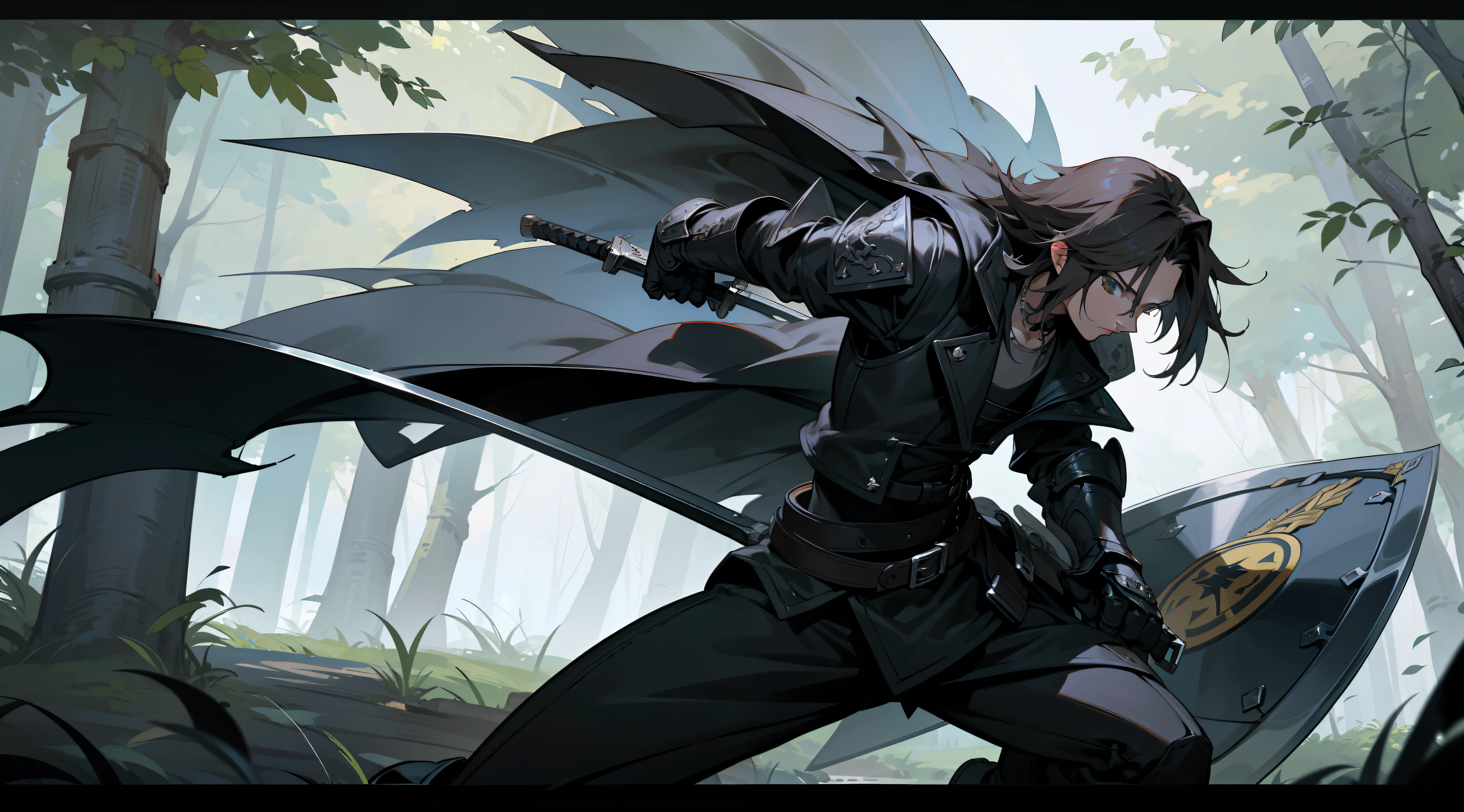 Squall, from Final Fantasy 8, wearing a dark black armor, with a large black sword and a shield, full gauntlets, perfect anatomy, perfect face, forest background