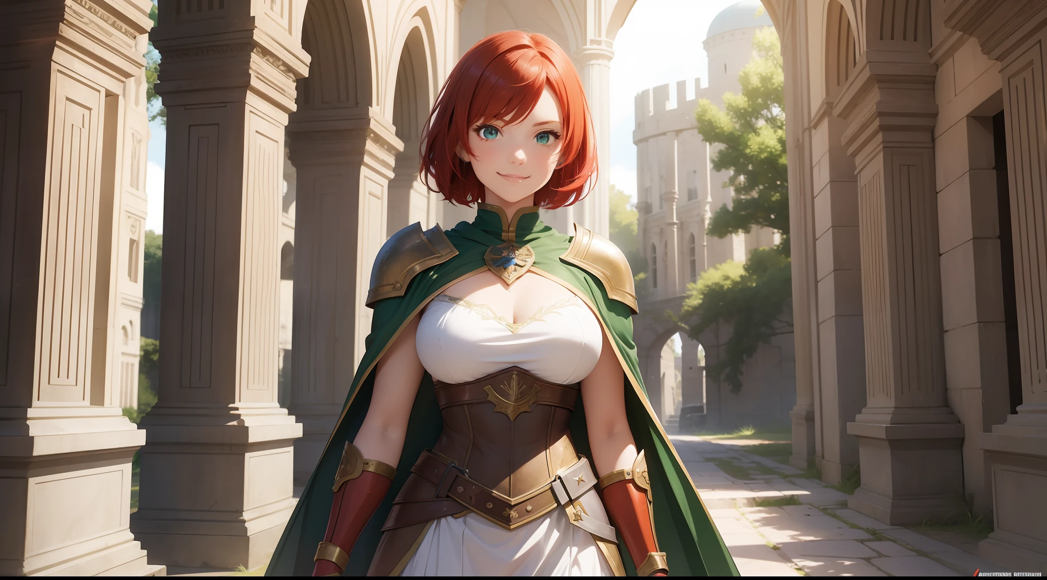 a girl, warrior, rapier at the waist, redhead, short hair, bright green eyes, beautiful breasts, hair between eyes, bangs, full body, confident, heroic posture, smiling, red and white armor, cape, fantasy, medieval ruins, rays of sun