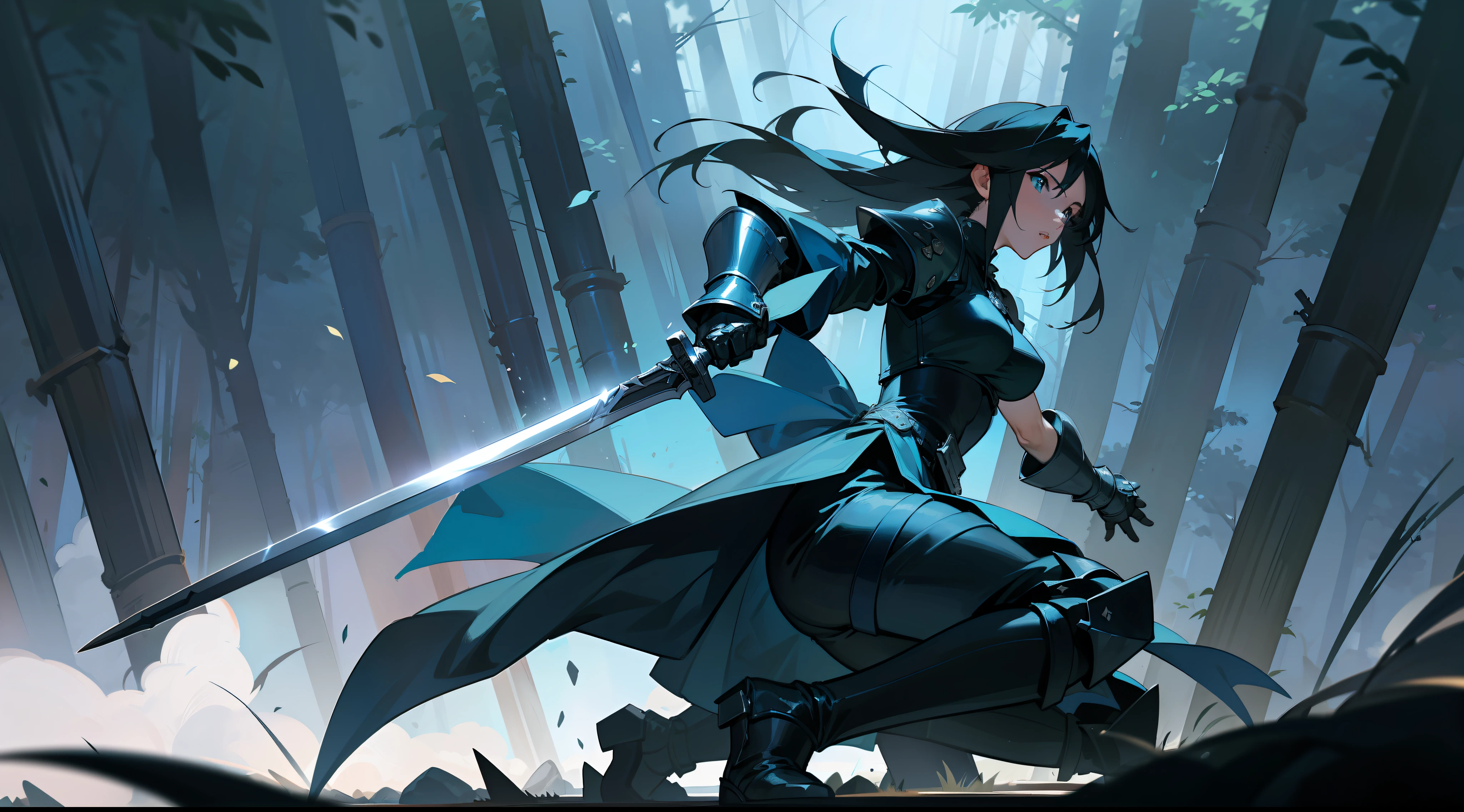 Rinoa, from Final Fantasy 8, wearing a dark blue dress armor, with a large blue sword and a shield, and Squall, from Final Fantasy 8, wearing a dark black armor, with a large black sword, full gauntlets, perfect anatomy, perfect face, forest background