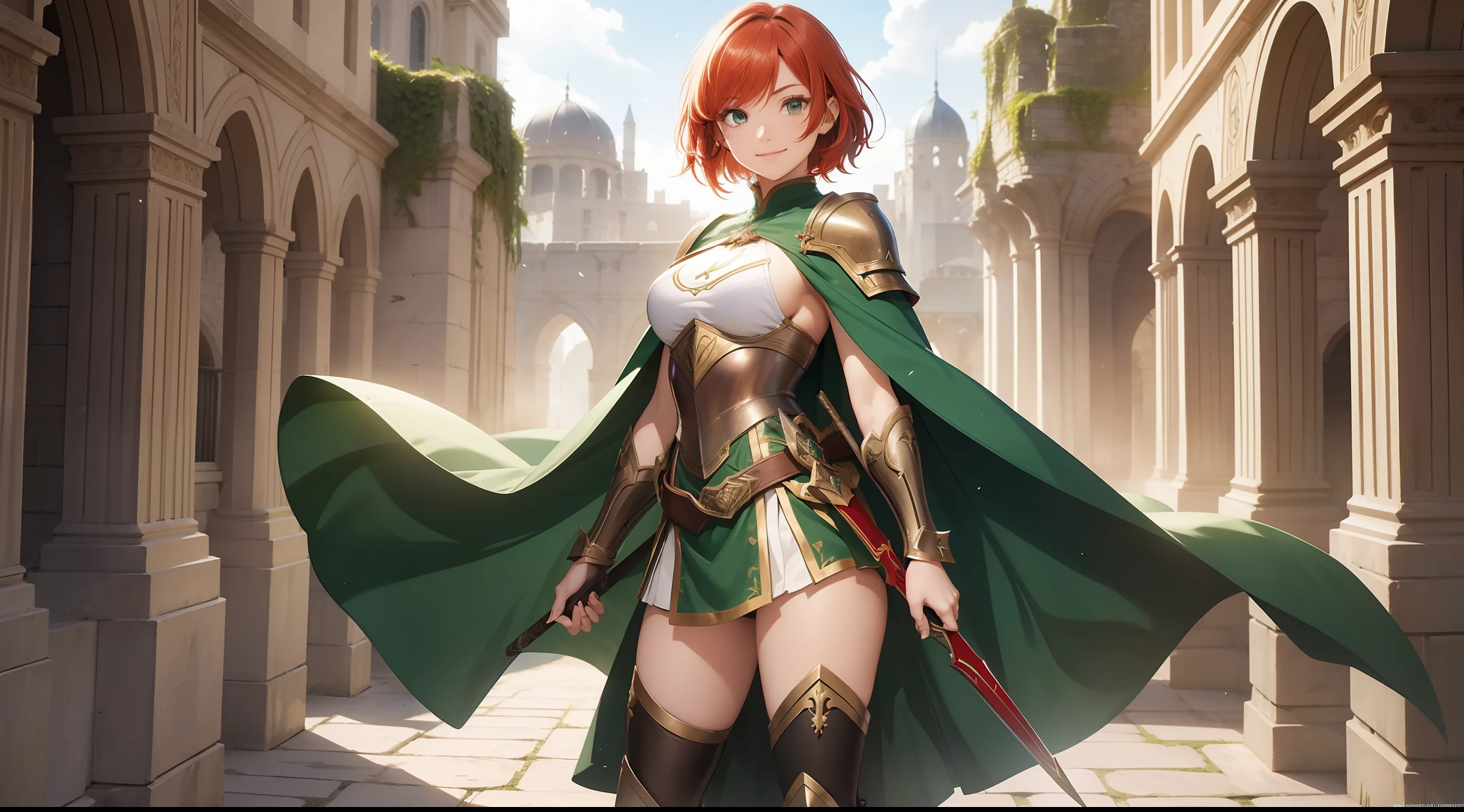 a girl, warrior, rapier at the waist, redhead, short hair, bright green eyes, beautiful breasts, hair between eyes, bangs, full body, confident, heroic posture, smiling, red and white armor, cape, fantasy, medieval ruins, rays of sun