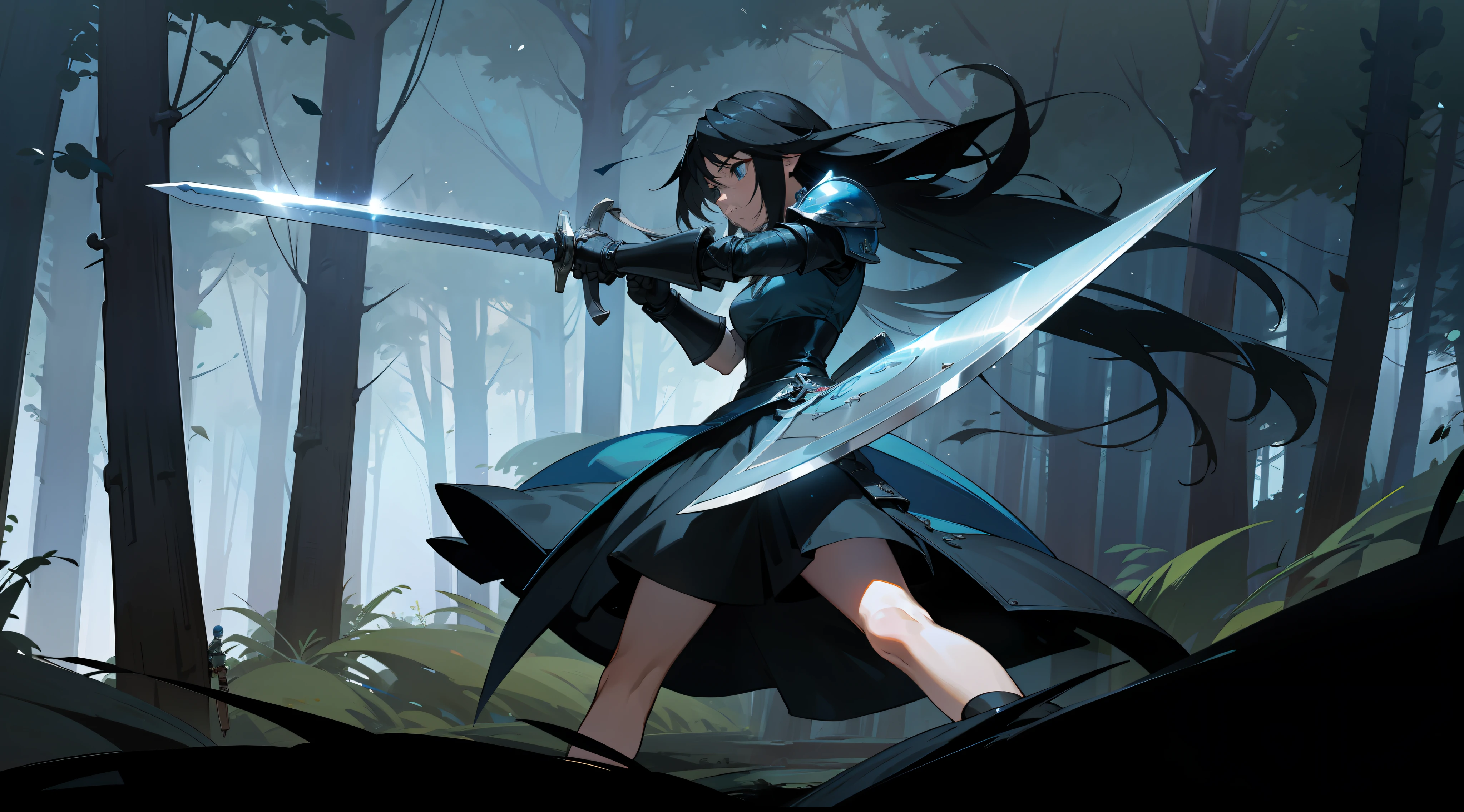 Rinoa, from Final Fantasy 8, wearing a dark blue dress armor, with a large blue sword and a shield, and Squall, from Final Fantasy 8, wearing a dark black armor, with a large black sword, full gauntlets, perfect anatomy, perfect face, forest background