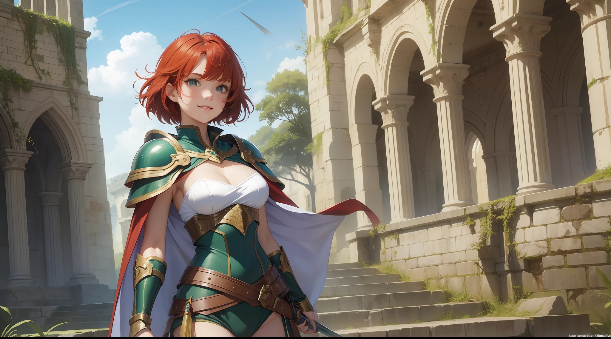 a girl, warrior, rapier at the waist, redhead, short hair, bright green eyes, beautiful breasts, hair between eyes, bangs, full body, confident, heroic posture, smiling, red and white armor, cape, fantasy, medieval ruins, rays of sun