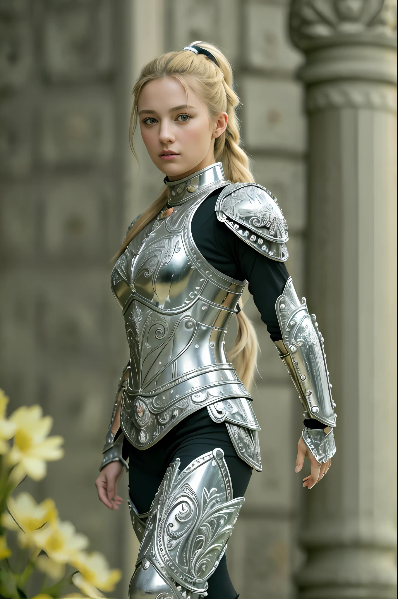 (8K, best quality:1.2), (masterpiece:1.37), (photo, photorealistic:1.37), (ultrahigh-res), full body, walking pose, shot from front, slow motion, female paladin wearing the full body, (light silver armour:1.2),(ornately decorated armor), (insanely detailed, bloom:1.5), (highest quality, Alessandro Casagrande, Greg Rutkowski, Sally Mann, concept art, 4k), (analog:1.2), (high sharpness), (detailed pupils:1.1), detailed face and eyes, Masterpiece, best quality, (highly detailed photo:1.1), (long blonde Hair, ponytail,ecstatic:1.1), (young woman:1.1), sharp, (perfect body:1.1), realistic, real shadow, 3d, (temple background:1.2), (by Michelangelo), photographed by Canan EOS R6, 135mm, 1/1250s, f/2.8, ISO 400