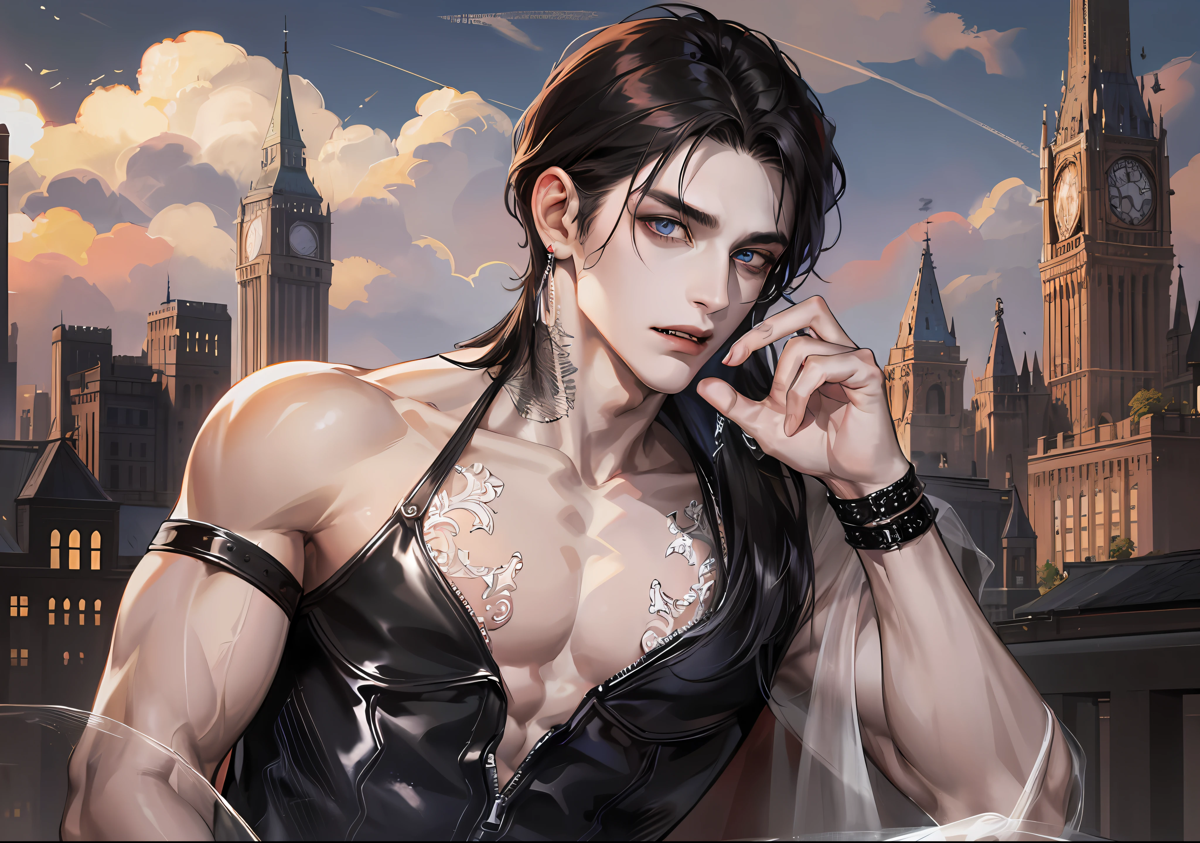 man, vampire, masculine, masculine face, attractive, muscular, ((1man)), masterpiece, absurdres, best quality ,intricate details , (shiny skin, shiny body, shiny oily luster skin, shiny hair, pale skintone), old castle, Sundown, attractive, ((muscular)), adult, one, tattoo in his chest ,black blouse, earrings, black pants, Don't look at the view , Not looking at the view, red short hair, perfect detailed face, perfect detailed hands, vampire fangs, blue eyes, ((MLS)), medium large shoot