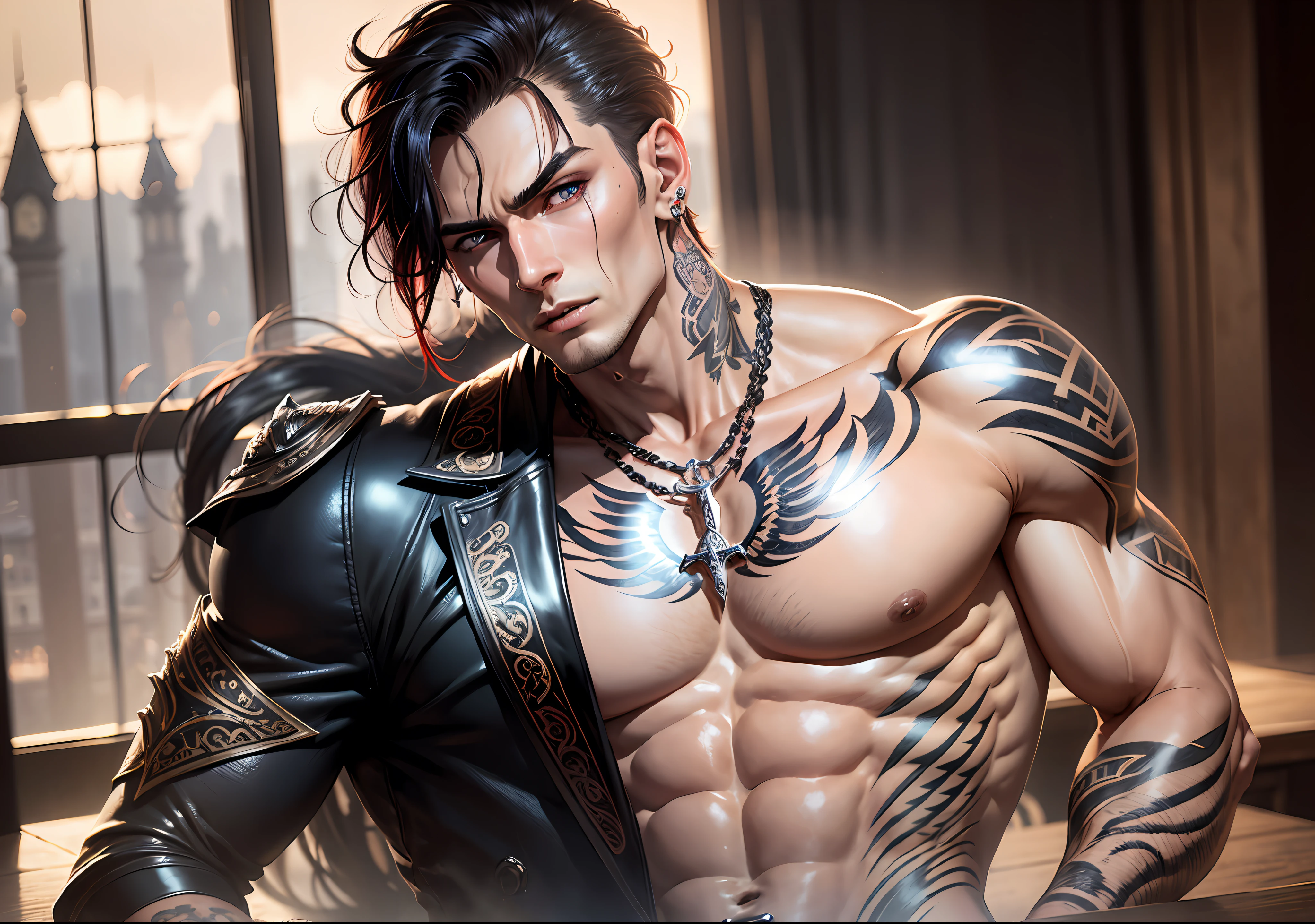 man, vampire, masculine, masculine face, attractive, muscular, ((1man)), masterpiece, absurdres, best quality ,intricate details , (shiny skin, shiny body, shiny oily luster skin, shiny hair, pale skintone), old castle, Sundown, attractive, ((muscular)), adult, one, tattoo in his chest ,black blouse, earrings, black pants, Don't look at the view , Not looking at the view, red short hair, perfect detailed face, perfect detailed hands, vampire fangs, blue eyes, ((MLS)), medium large shoot --auto --s2