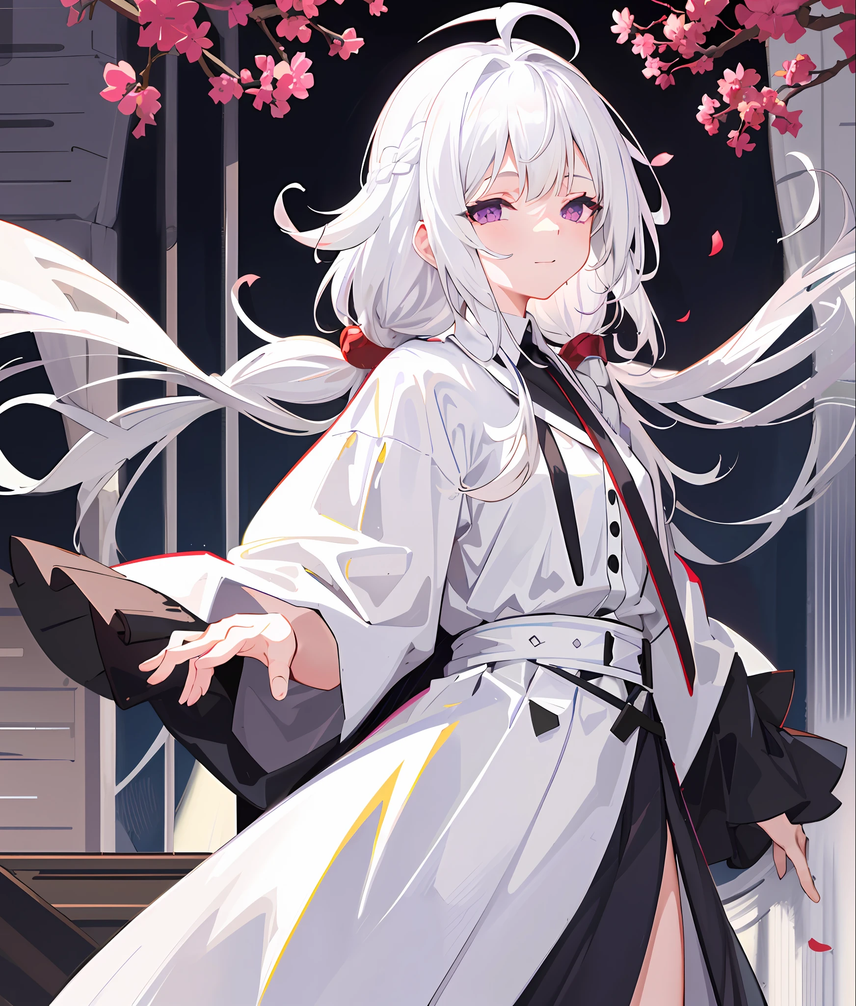 1girl,depth of field,((white hair))),grey hair,purple eyes,loli,((half closed eyes)),long hair,(loose long hair),(ahoge),((white shirt under black robe) ) ),(white-collar shirt),pleated skirt,((white skirt})),twist braid,((strapless)),red flowers falling,upper body,ruin,thick shadow,wet,smiling,