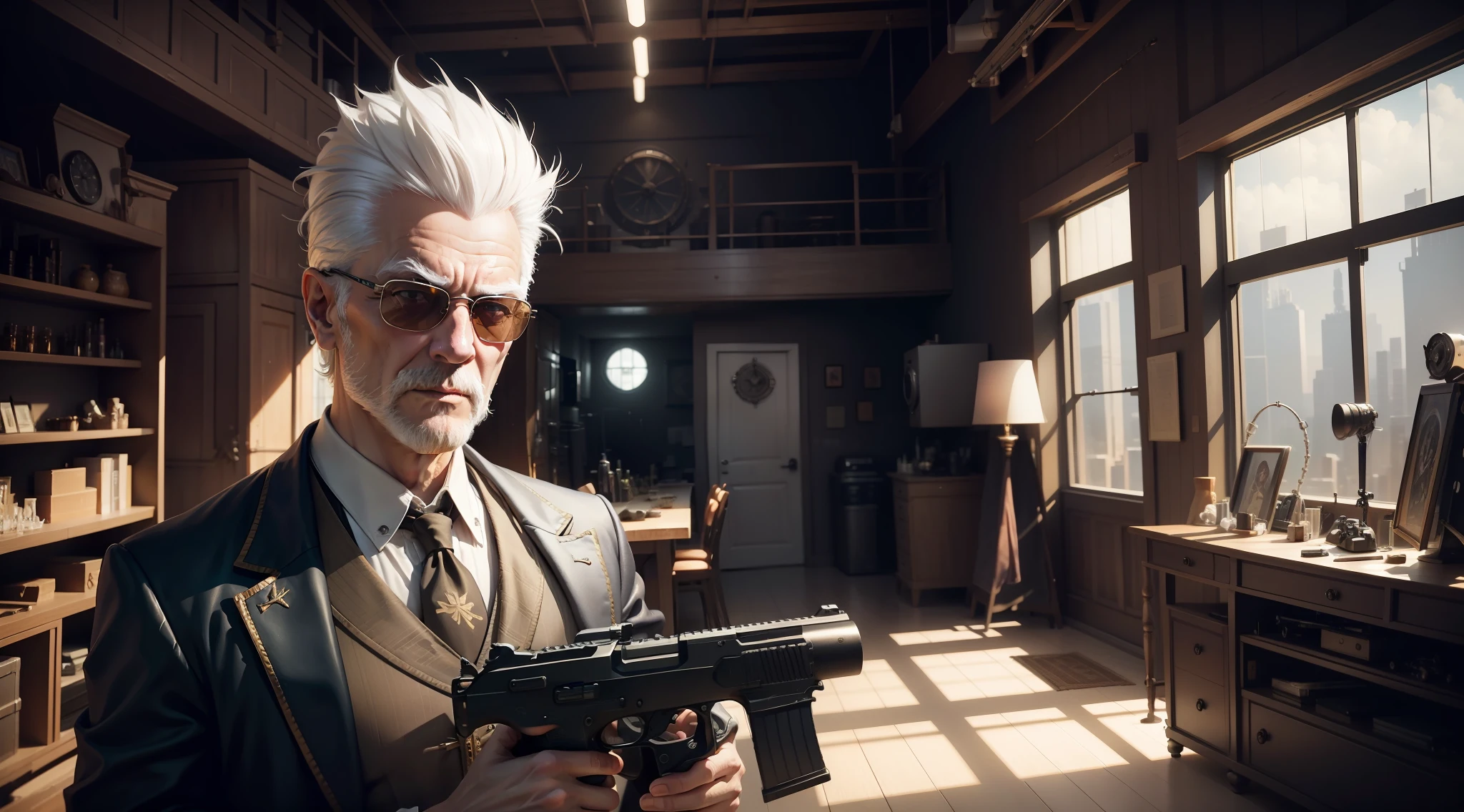 /Imagination Tips: Illustration In the room, the white-haired gangster old man in sunglasses points a gun at the camera, fierce::15, white-haired gangster old man::13, gun in hand::15, rule of thirds composition:::8, close-up view::15, first-person perspective::12, Unreal Engine::15, studio lights::8, beautiful lights::13, cinematic light::12, bold and bright::10, dramatic::13, super high quality::12, steampunk cityscape::14, Steam-powered machinery: 12 --seed 32455 --s 400 --q 2 --c 40