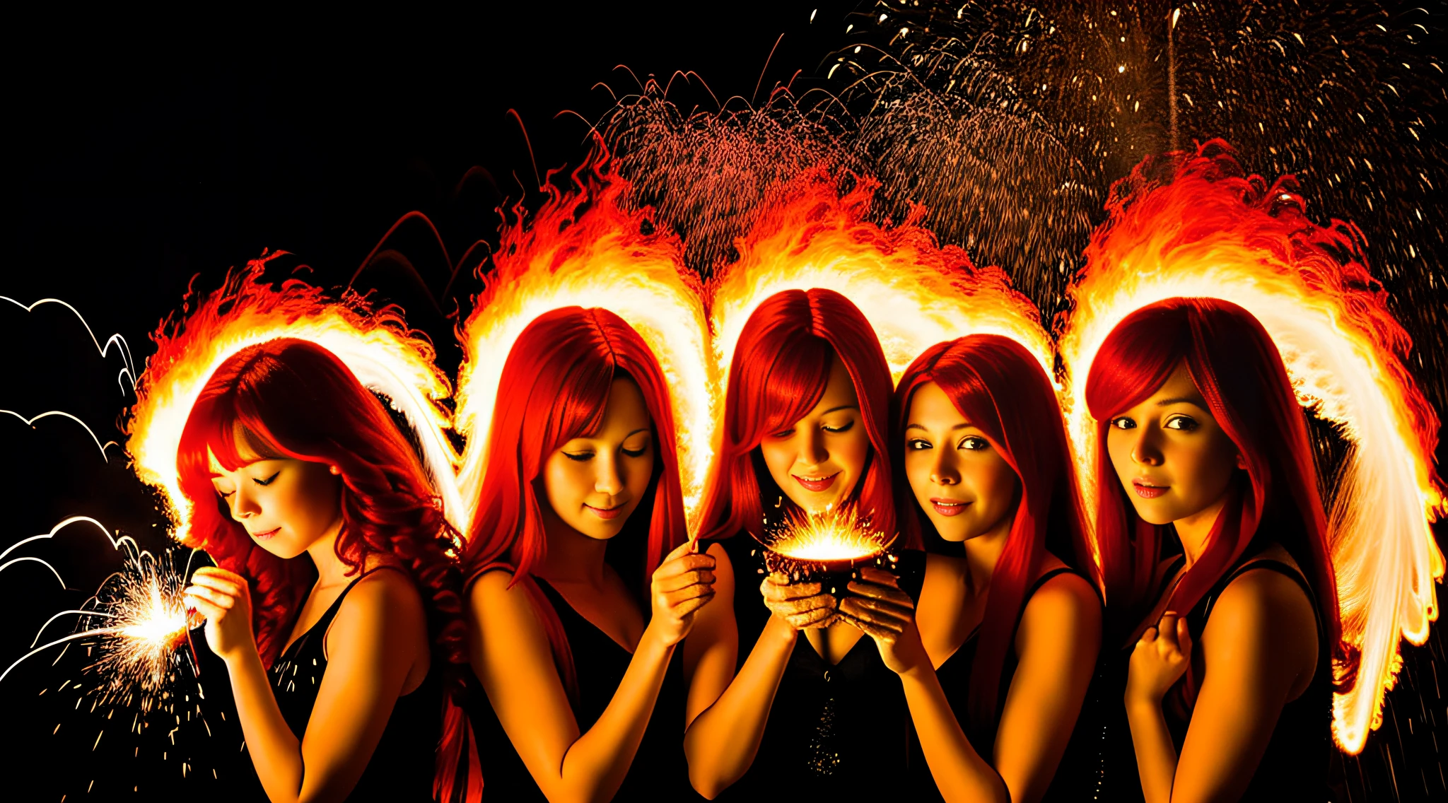 three  girls with long red hair and red wigs posing for a photo, bright red hair,PORTRAIT STYLE, with a closeup of a fire ring with a black background, fire sparks, flying fire sparks, fire swirls, fire powers spinning fire, fire particles, ring of fire, sparks, long exposure shot,  halo of luminous fire, flying sparks, long exposure photo, long exposure, long exposure photography, sparks and liquid fire, long exposure photography, rain of fire