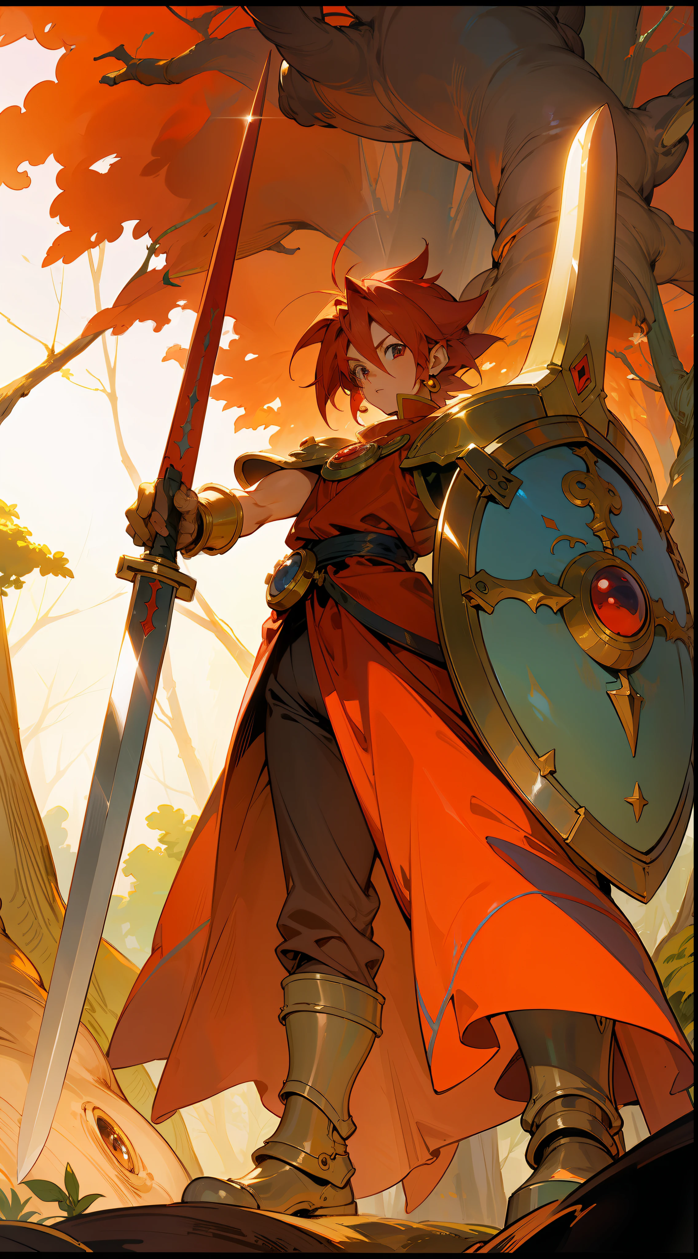 Chrono, from Chrono Trigger, wearing a colored armor, with a large red sword and a shield, perfect anatomy, perfect face, forest background