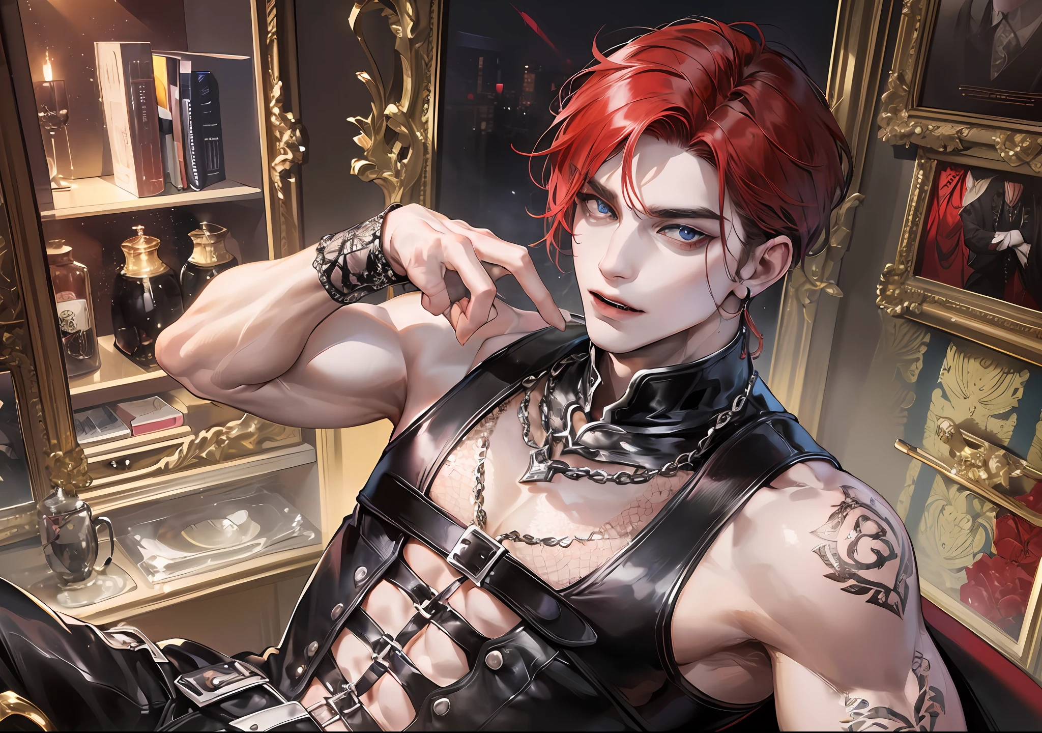 man, vampire, masculine, masculine face, attractive, muscular, ((1man)), masterpiece, absurdres, best quality ,intricate details , (shiny skin, shiny body, shiny oily luster skin, shiny hair, pale skintone), old castle, Sundown, attractive, ((muscular)), adult, one, tattoo in his chest ,black blouse, earrings, black pants, Don't look at the view , Not looking at the view, red short hair, perfect detailed face, perfect detailed hands, vampire fangs, blue eyes, ((MLS)), medium large shoot