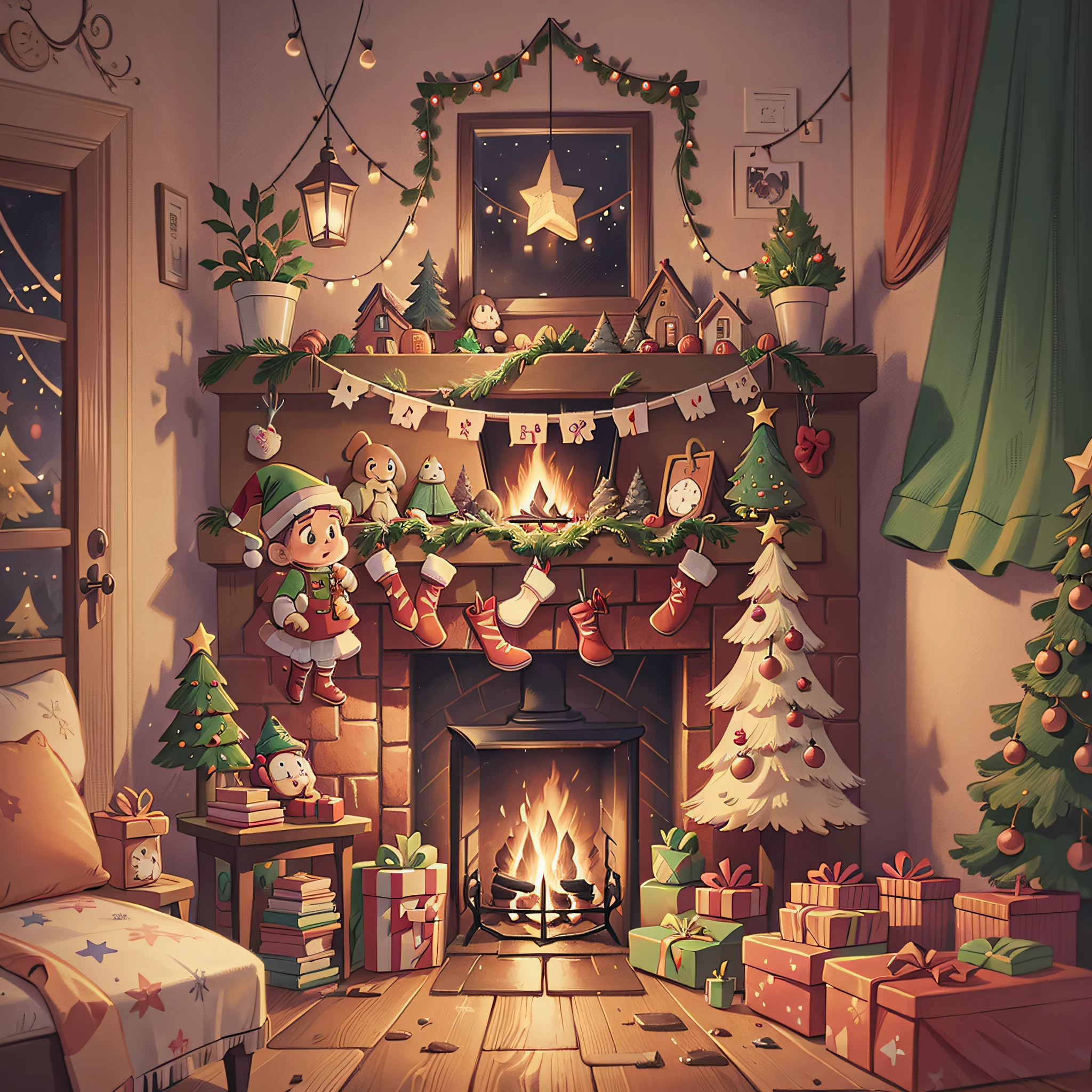 Christmas tree, fireplace, kids, night, cartoon illustration style, vintage tones, gifts