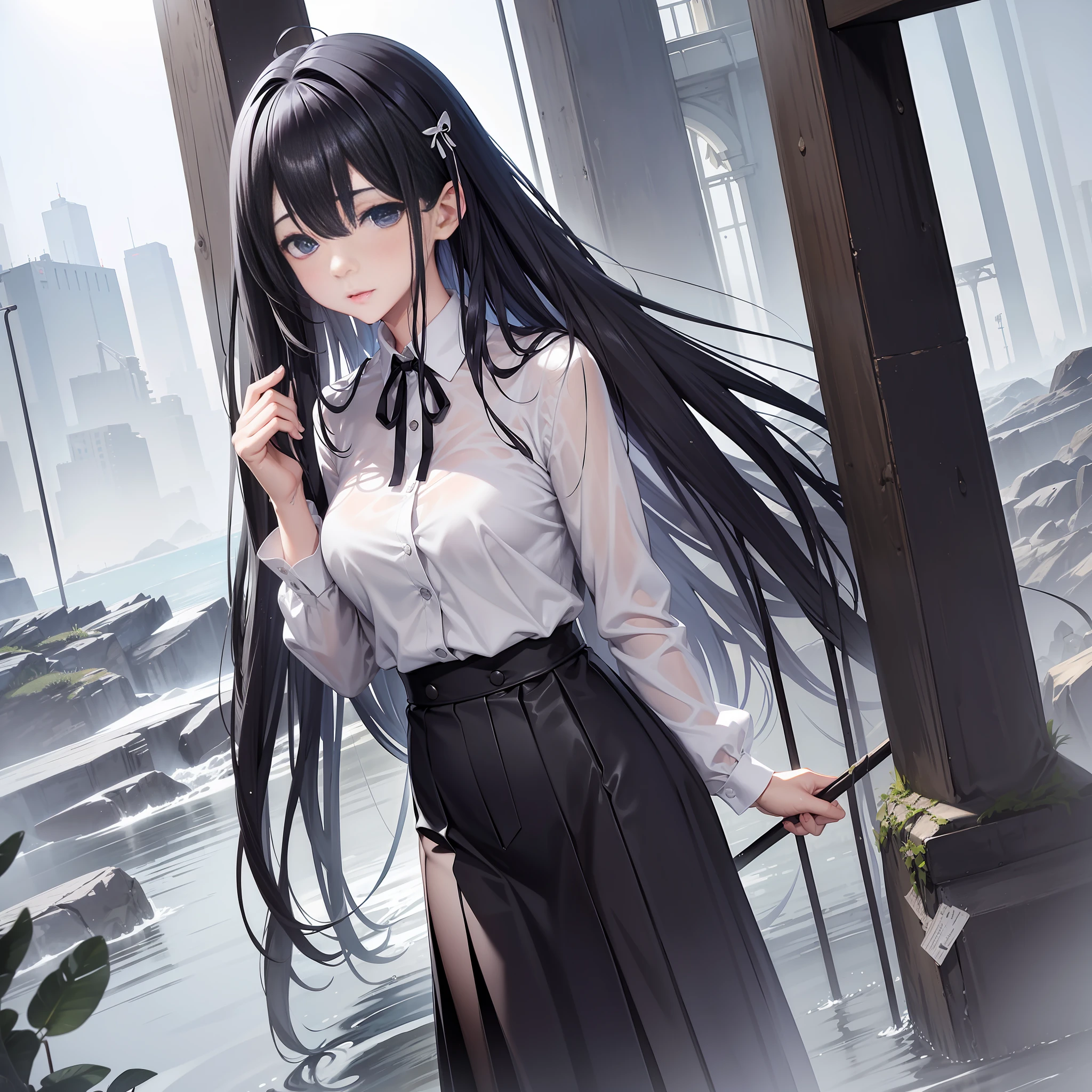 Landscape、dark black hair、Long、straight、high waist skirt、lifelike、Wet、skinned、Kamimei、shirt、Ribbon、perfect eyes、