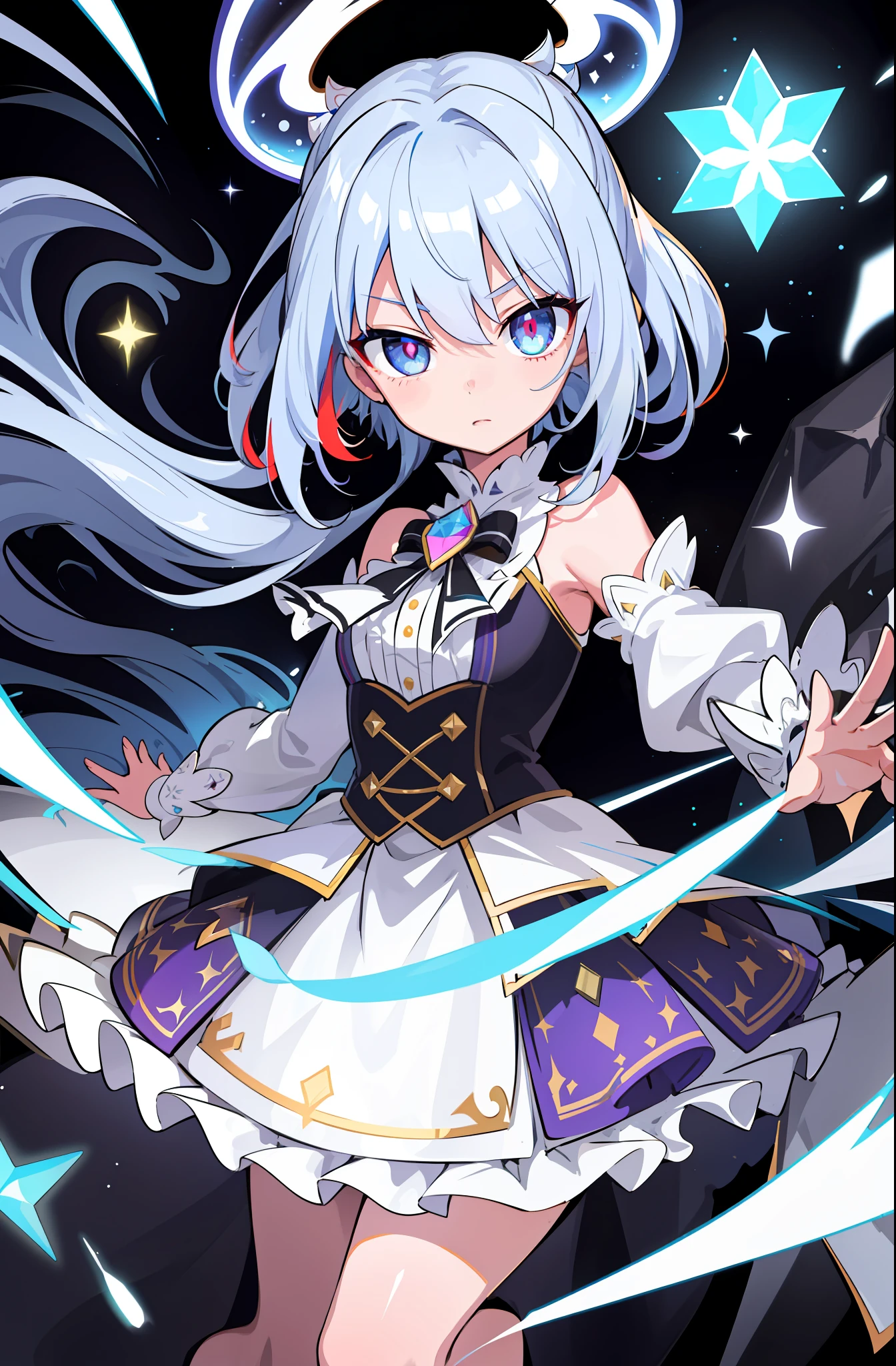 (finely detailed, distinct image, ultra resolution, extremely amazing detailed, awesome detailed), subsurface scattering, best ratio four finger and one thumb, masterpiece, best quility, high_quality, 1girl, solo, prism eyes, prism hair, prism, serious, [silver|white] + (blue:-0.3) hair, blue+red eyes, gradient eyes, multicolored eyes, The calming, upper body, glowing, glowing eyes, glowing white particles, glitter, bloom, fantasy, cave,