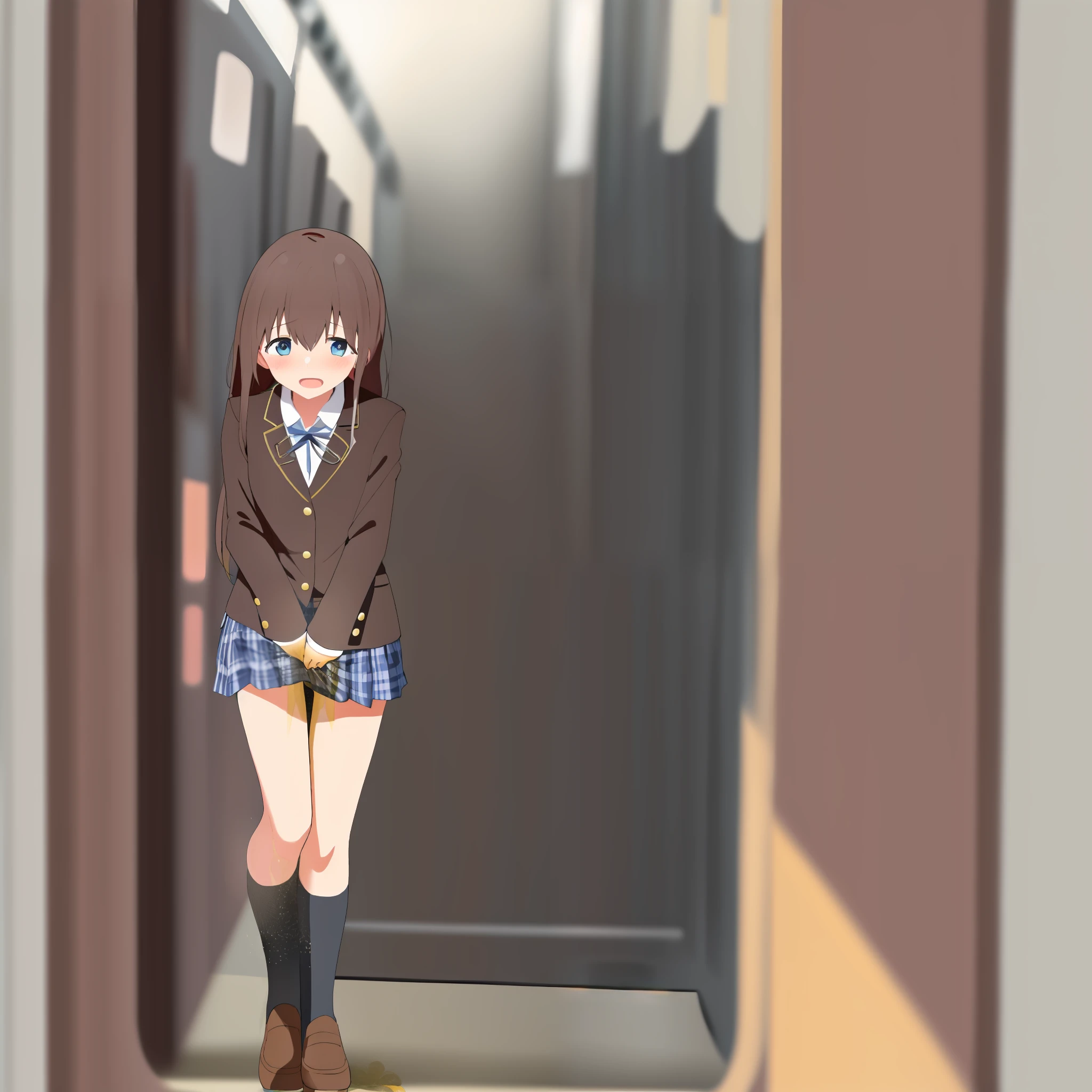 2d, masterpeice, best quality, anime, highly detailed, cowboy shot, 1girl, solo, school uniform, black shoes, blue tip, white socks, blazer, brown sweater, collared shirt, neck ribbon, blue skirt, peeing herself, peeing, peeing self, very desperate to pee, at a train station, full face blush, shocked, embarrassed, sad, crying, flustered, pubic hair, black stockings brown boots ruffled panties, peeing, peeing self, peeing, peeing self, pee puddle, puddle of her own urine is forming around her feet, holding small briefcase, long dress, petticoat, stained skirt, stained socks :d, hallway