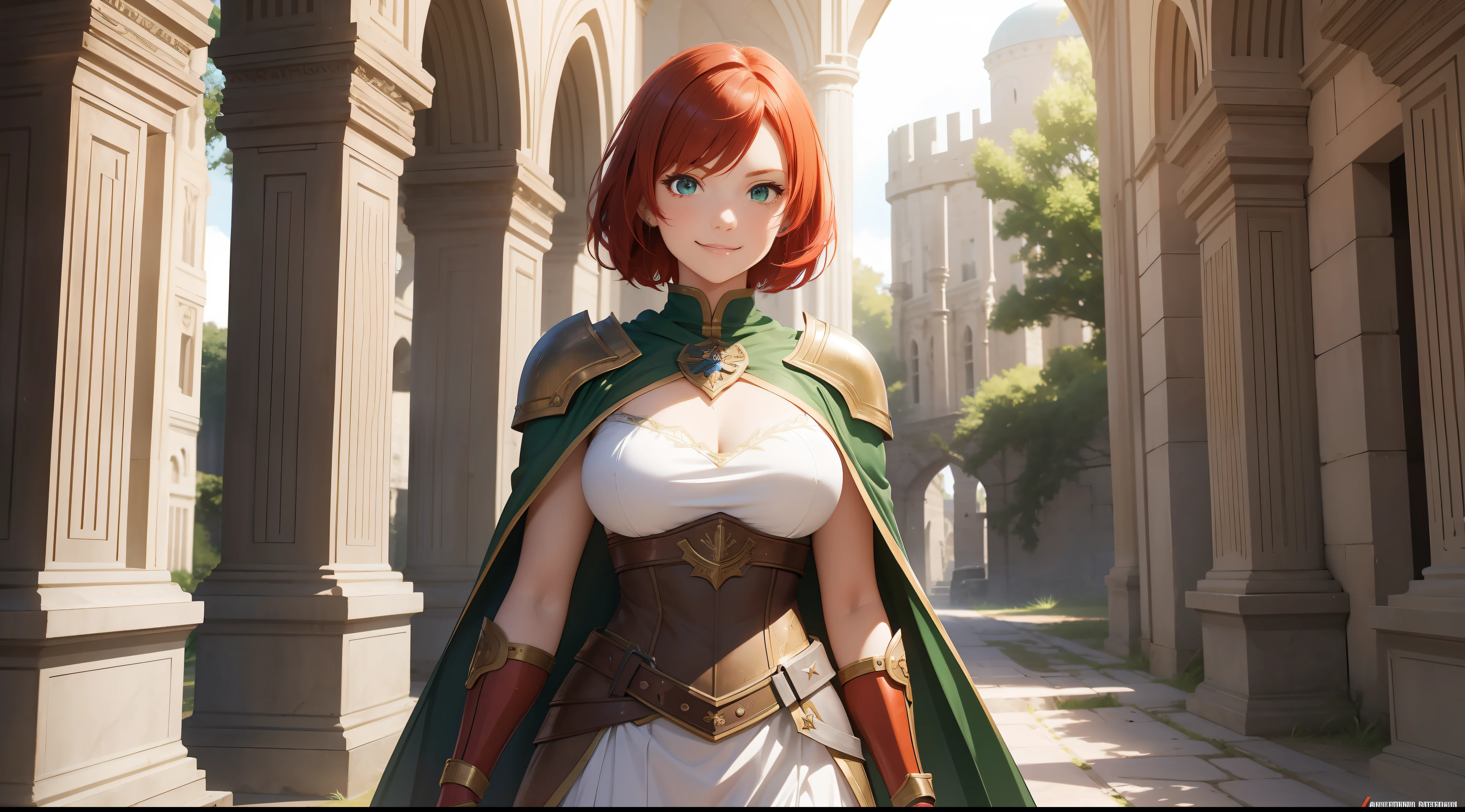 a girl, warrior, rapier at the waist, redhead, short hair, bright green eyes, beautiful breasts, hair between eyes, bangs, full body, confident, heroic posture, smiling, red and white armor, cape, fantasy, medieval ruins, rays of sun
