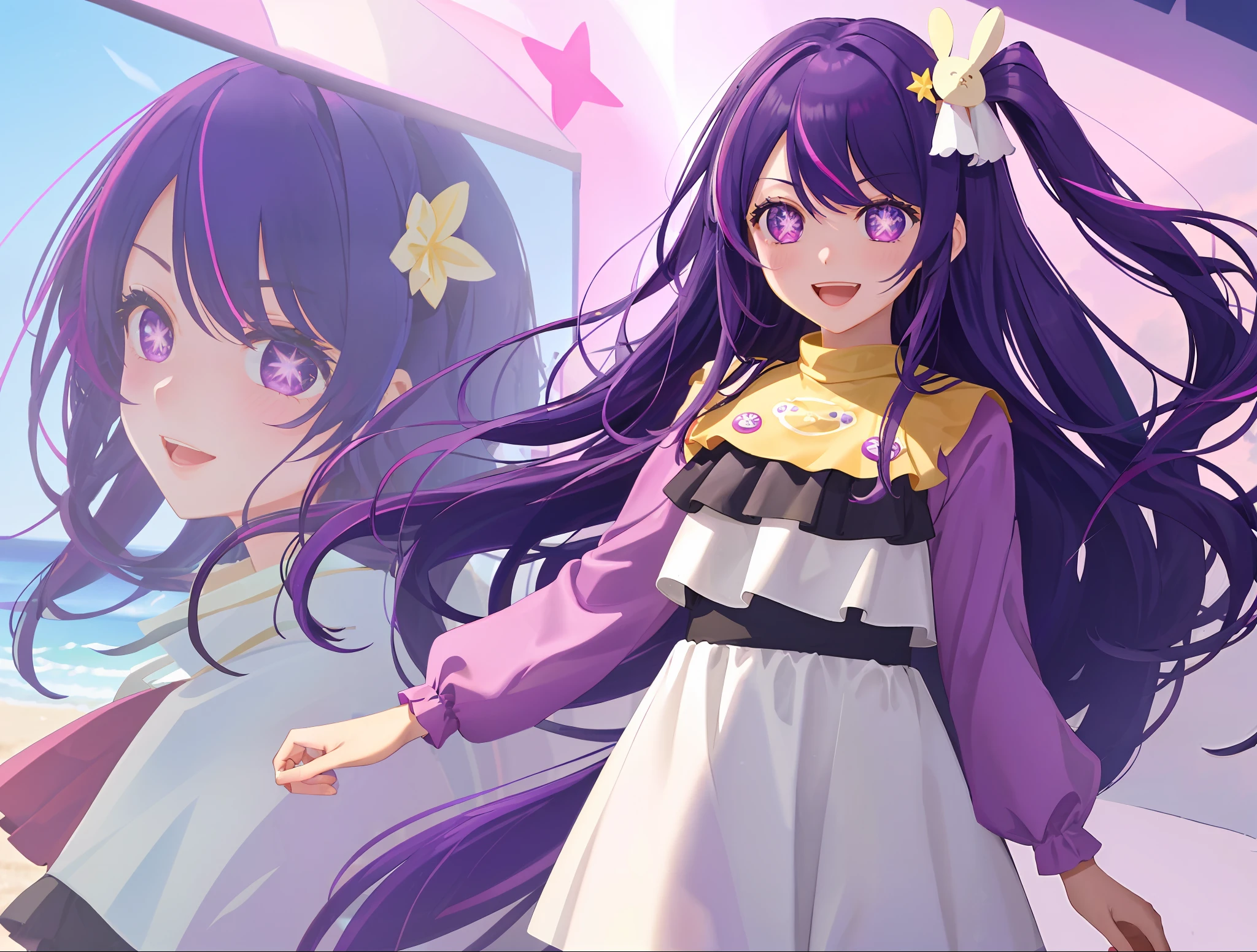 highres, best quality, ((solo)) ((HoshinoAi)) Hoshino Ai, long hair, purple hair, streaked hair ,purple eyes, star-shaped pupils, hair ornament, hoshino_ai_(oshi_no_ko), 1girl, solo, dress, long hair, gloves, smile, ((purple_swimsuit)), purple eyes, hair ornament, looking at viewer, open mouth, purple hair, bangs, hair flower, :d, one side up, flower, sketch, blush, teeth, scrunchie, full body, ((1girl)), ((solo)), purple hair, long hair, holding, smile, multicolored hair, purple eyes, grey,, +_+, upper body, long sleeves, (badge on hat), ice cream, looking at viewer, symbol-shaped pupils, looking at viewer, details eyes, ((Directly facing the audience)),absurdres, ((cowboy shot)), beach,