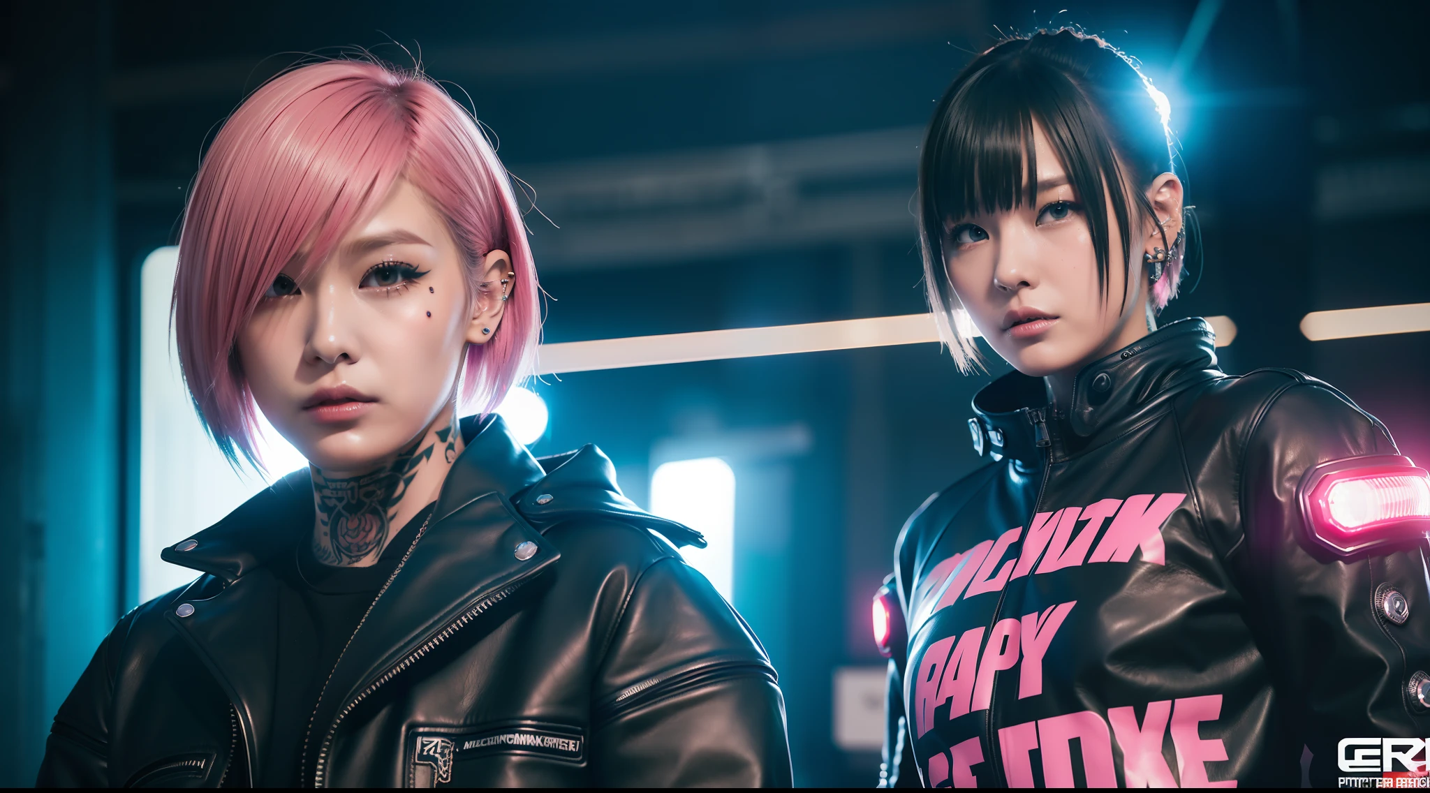 Punk Mech Clothes with Short Pink Haired Girl, Tattooed, Piercing, Black Leather, Carbon Fiber, Battle Status, Hyper Detailed, Digital Art, Cyberpunk Style, Cyberkinematic Lighting, Studio Quality, Smooth Rendering, Unrealistic Engine Rendering 5, Rendered Octanage, Klimt and Nixeu Art Style and Ian Sprigger and Wlop and Krenz Cushart
