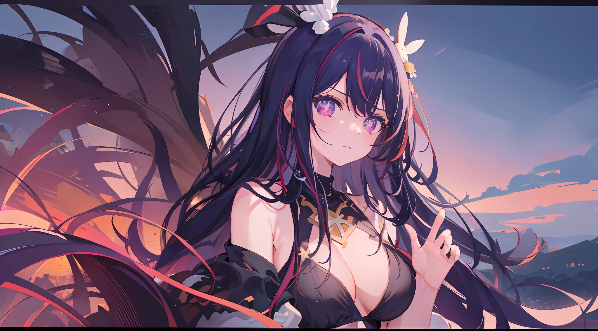 1girl, landscape, panorama, overlook,(high contrast:0.8),(distant view),blurry foreground,wind,
Hoshino Ai, long hair, purple hair, streaked hair ,purple eyes, star-shaped pupils, hair ornament,gloom \(expression\),bikini under clothes,
, palm-fist tap,
, breast awe, cowboy shot, 
masterpiece,highres,extremely detailed CG unity 8k wallpaper, best quality, ultra-detailed,
