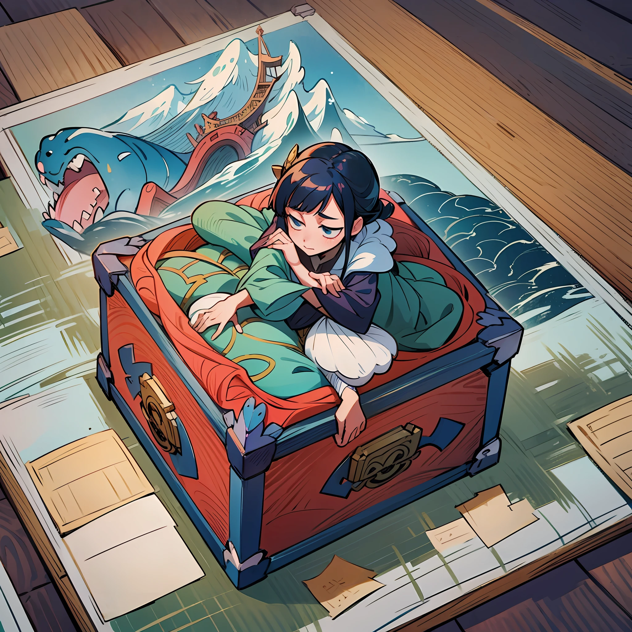 Shirasawa in the Mountain and Sea Sutra lying on a treasure chest, mythical creatures, Q version anime visuals, high-quality color sketches --auto --s2