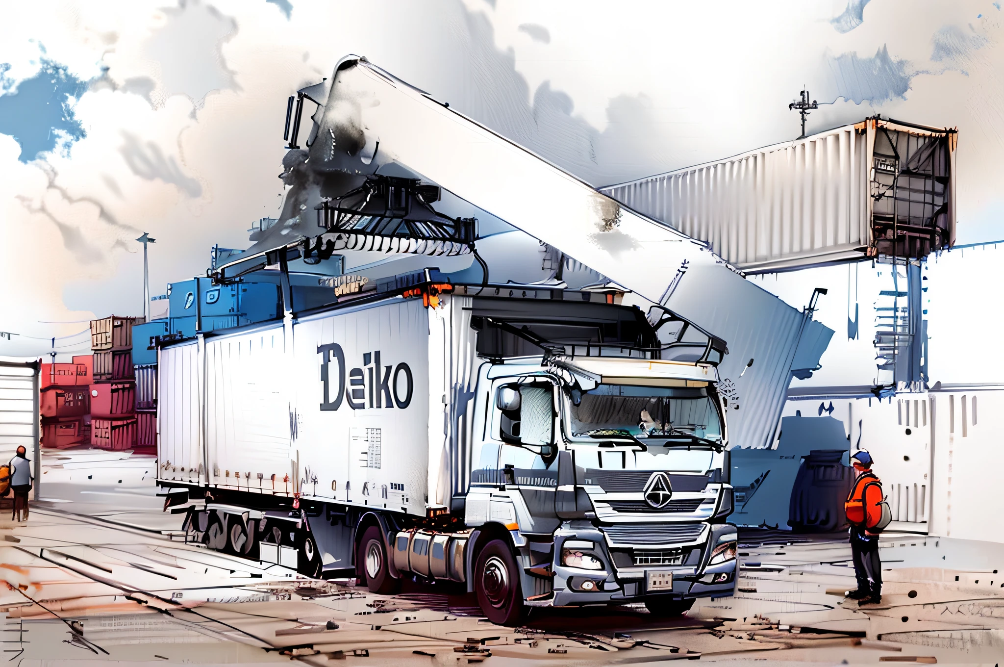 linear, gray, white background, simple background,sketch, sketch,pen_sketch_style,There is a truck with a crane on it and a man standing next to it, truck, Nekro, Nekro III, complete device, accurate and detailed, Nekro XIII, outstanding detail, on the background of containers, loading