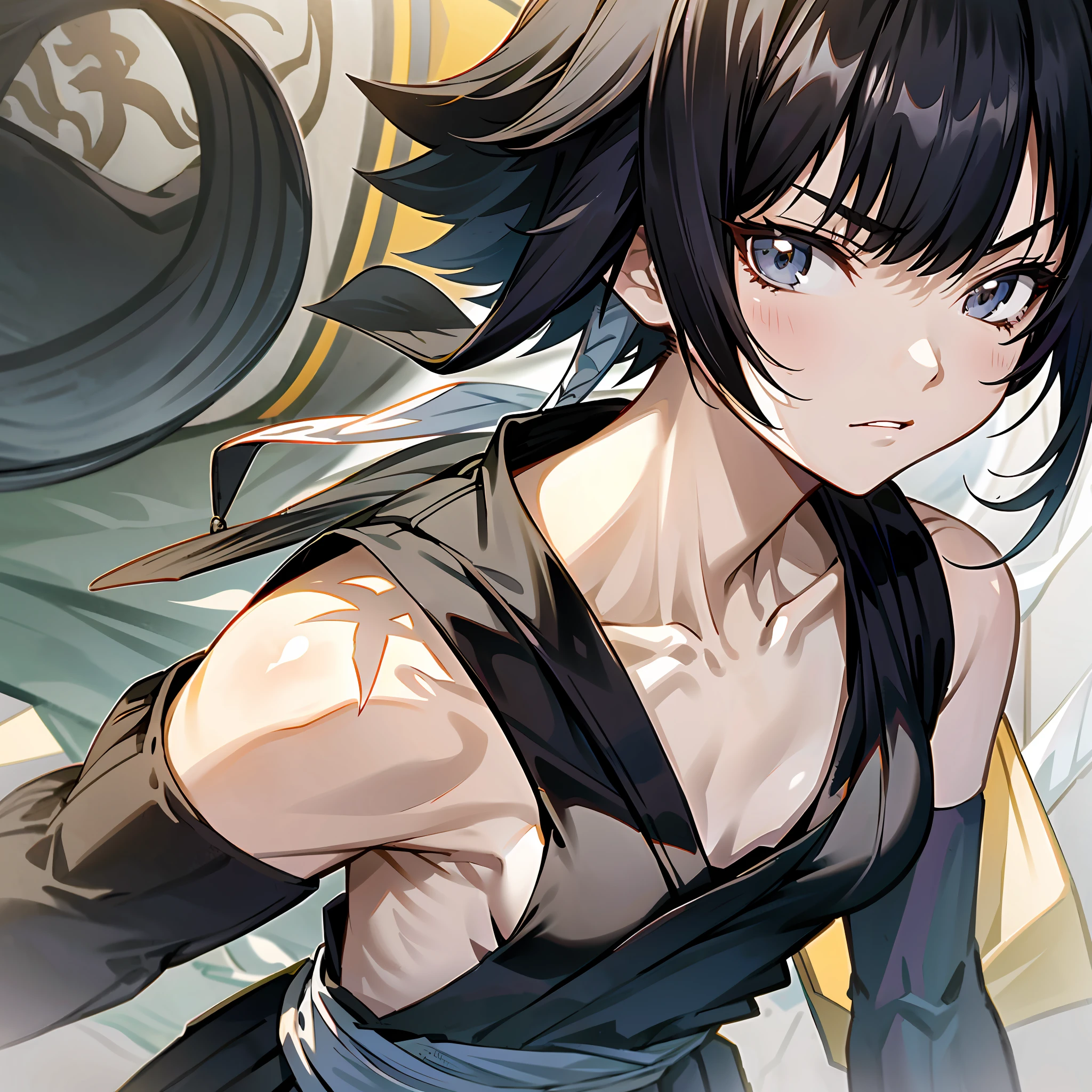 bare shoulders, bare arms, (black hakama), detached sleeves, behind japanese fortress, (small breasts), 1girl, (expressionless), short hair, (shadow), black hair, (detailed), cinematic lighting, (textured skin), ((8k)), ((very clear)), ((masterpiece)), [slim], collarbone, sui-feng, (face shot), drop shadow, looking at viewer