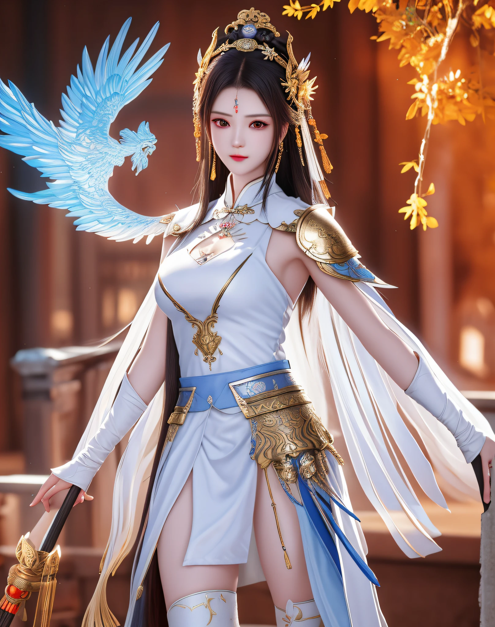 best quality, masterpiece, high resolution, 1girl, ancient chinese battlefield background, metal armor, cape, metal collar, ancient spear, hair ornament, necklace, jewelry, beautiful face, upon_body, tyndall effect, realistic, dark studio, edge lighting, duotone lighting, (high detail skin:1.2), 8k ultra hd, dslr camera, soft lighting, high quality, volumetric lighting, frank, photos, high resolution, 4k, 8k, bokeh, white bikini armor, Ancient metal spear, chest embroidered phoenix, metal cuirass, tight, weapons, short bracers, stockings, weapons