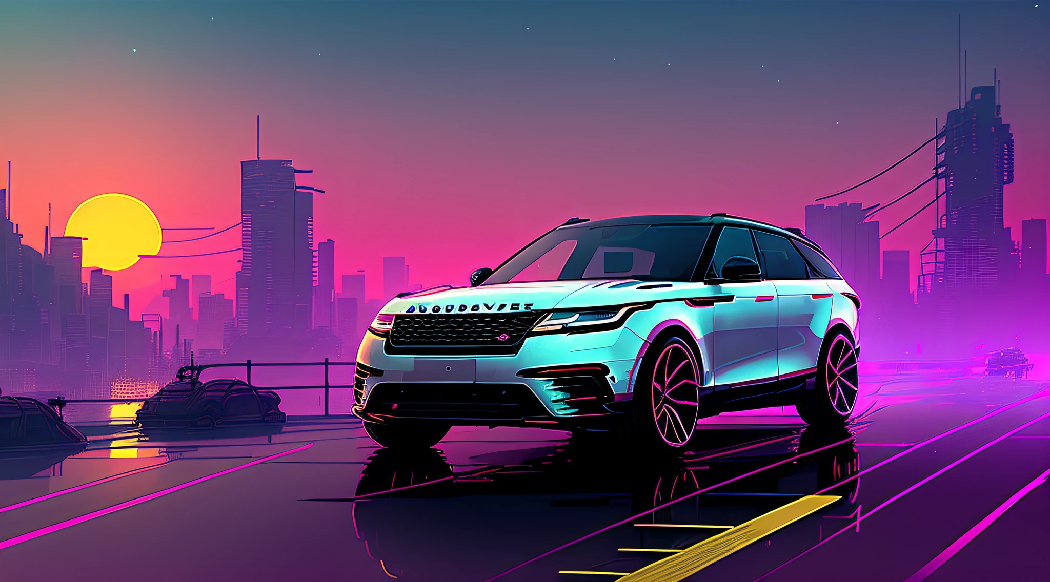 (nvinkpunk:1.2) (snthwve style:0.8) RANGE ROVER VELAR color of gray, lightwave, sunset, intricate, highly detailed