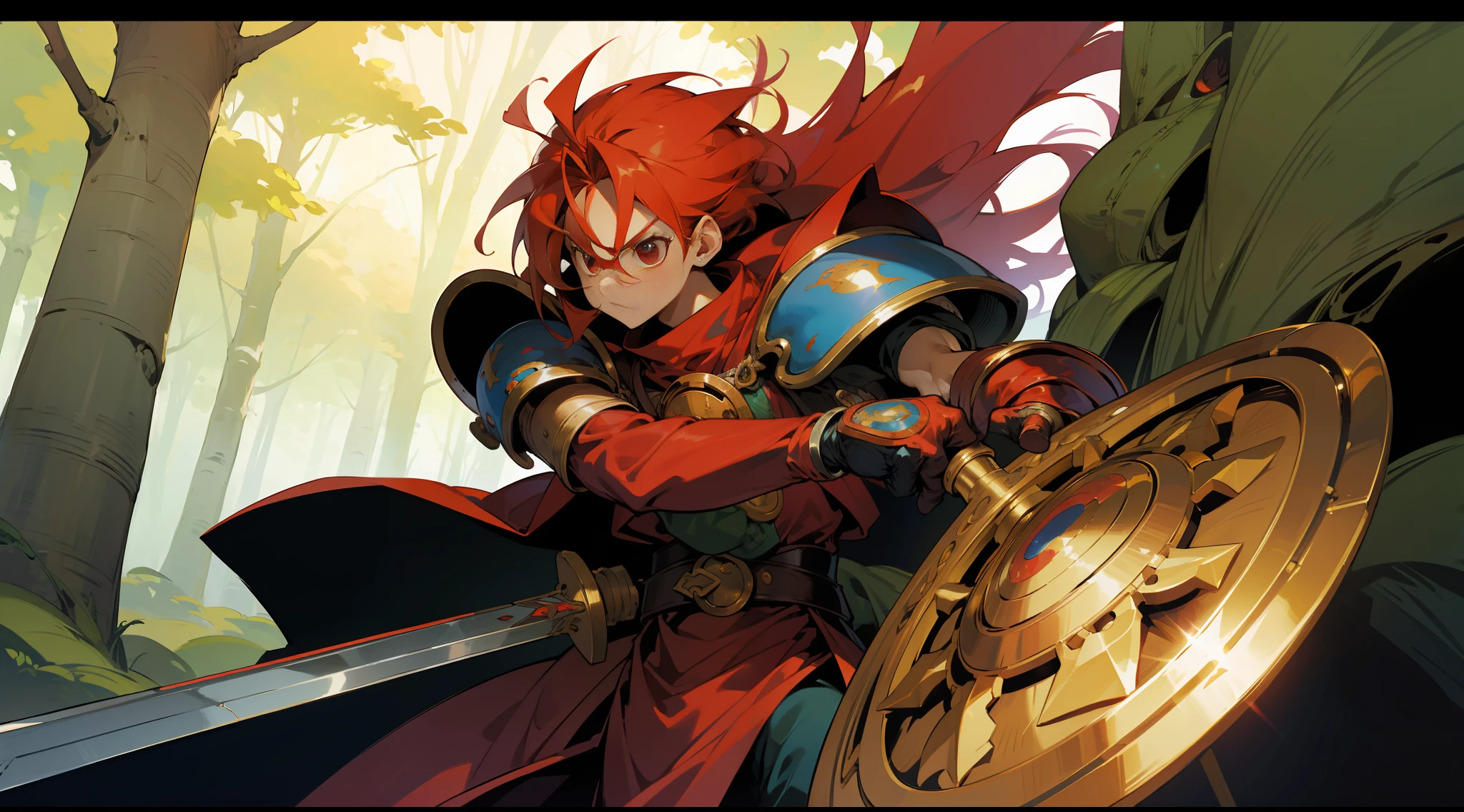 Chrono, from Chrono Trigger, wearing a colored armor, with a large red sword and a shield, perfect anatomy, perfect face, forest background