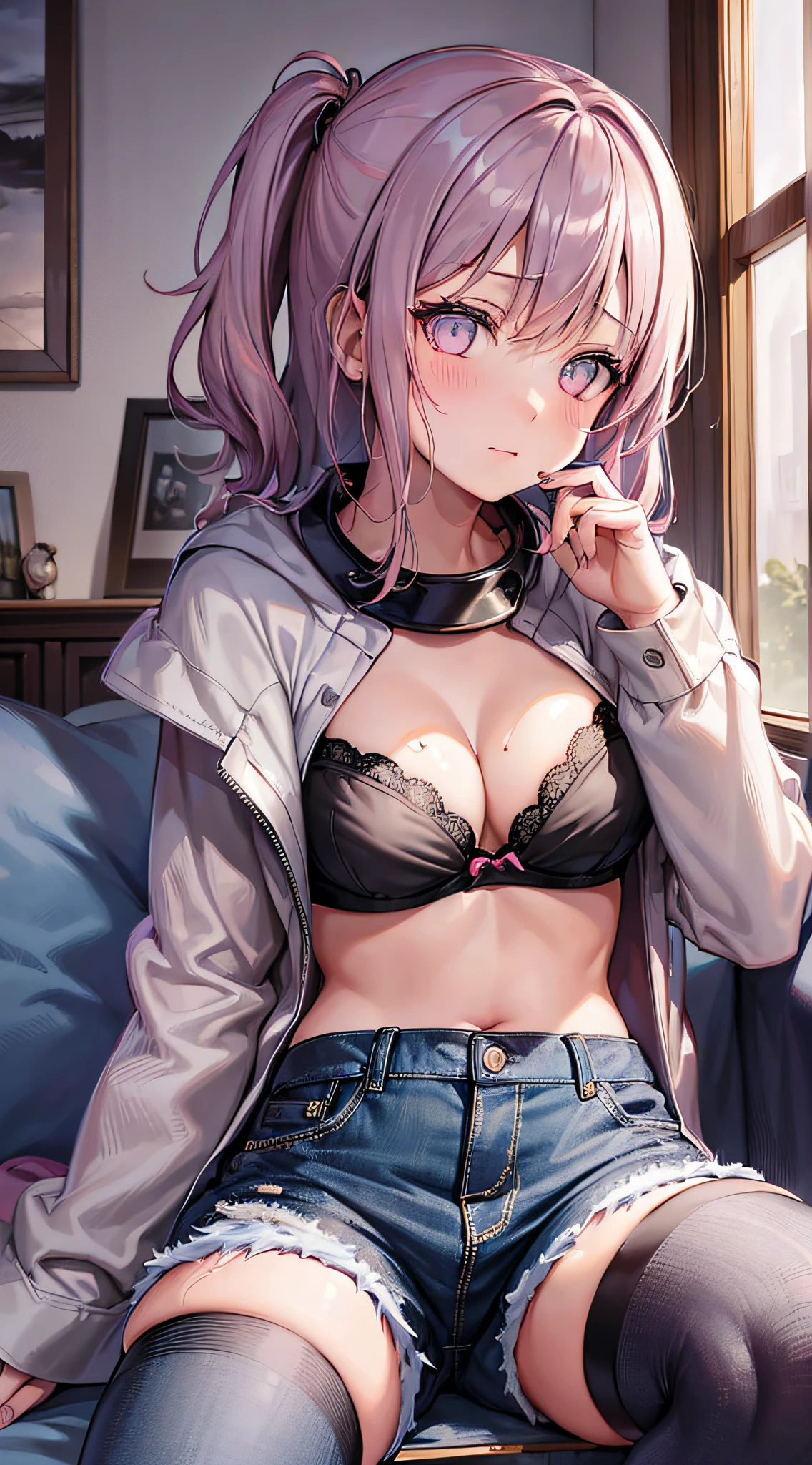 make up time, casual parka, soft couch, late evening, (cute pastel room:1.3), surprised,
BREAK,
(best quality, masterpiece, 8K, Highly detailed, kawaii girl), (1girl:1.5), (li:1.3), blush, (Look into:1.2), (cute bra:1.2), (denim hot pants:1.1),
(platinum pink hair),(eye shadow:1.1), shiny skin, (mascara:1.0), (medium breasts:1.5), BREAK,
(from front:1.8), (cowboy shot:1.3), (sitting:1.3), knee tights,
BREAK,
ultra high res, absurdres, (highly detailed back ground:1.1), official art, dramatic lighting, IQ20000,