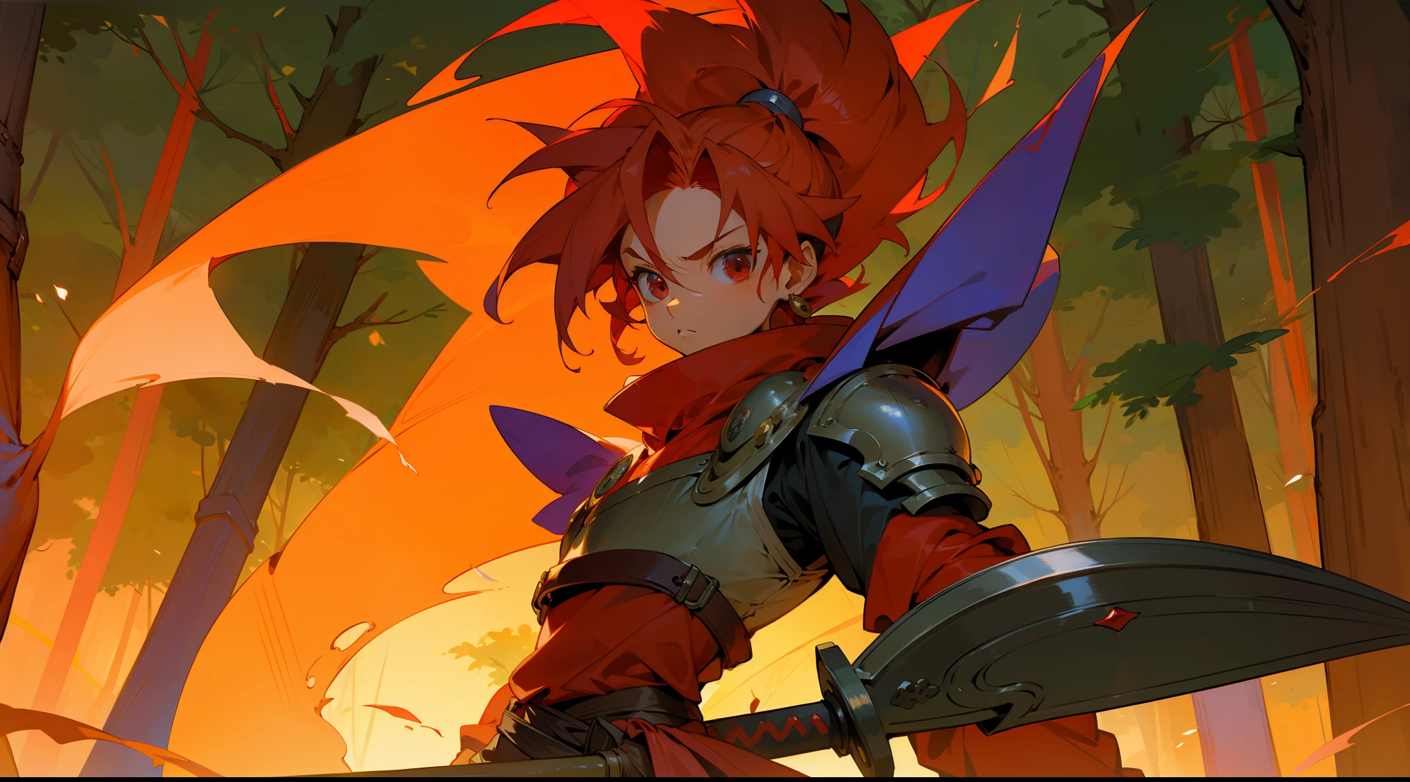 Chrono, from Chrono Trigger, wearing a colored armor, with a large red sword and a shield, perfect anatomy, perfect face, forest background