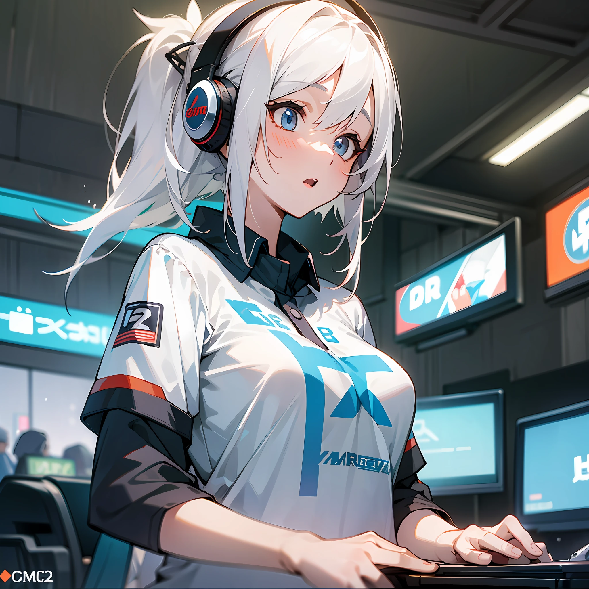 (A woman), white hair, baseball shirt, headphones on, surprised expression, front, upper body, evening, frontline girl, internet café background --auto --s2