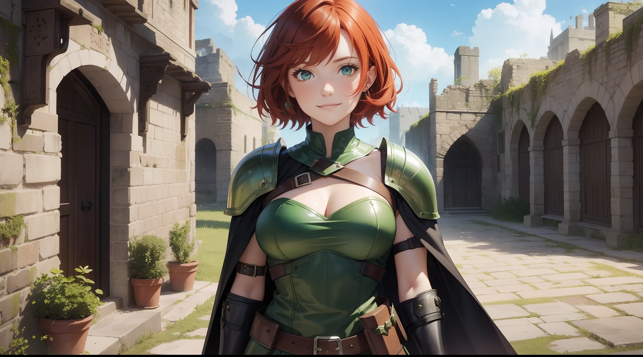 a girl, warrior, redhead, short hair, bright green eyes, beautiful breasts, hair between eyes, bangs, full body, confident, heroic posture, smiling, medieval soldier leather armor, cape, fantasy, medieval ruin