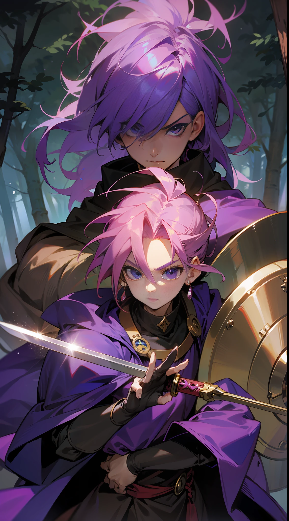 Magus, from Chrono Trigger, wearing a dark armor, with a large purple sword and a shield, perfect anatomy, perfect face, forest background