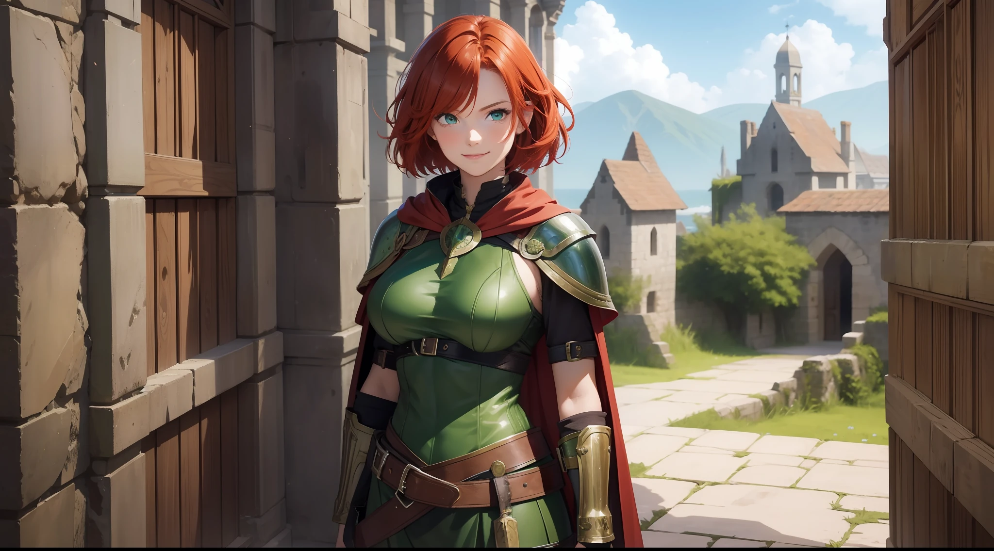 a girl, warrior, redhead, short hair, bright green eyes, beautiful breasts, hair between eyes, bangs, full body, confident, heroic posture, smiling, medieval soldier leather armor, cape, fantasy, medieval ruin