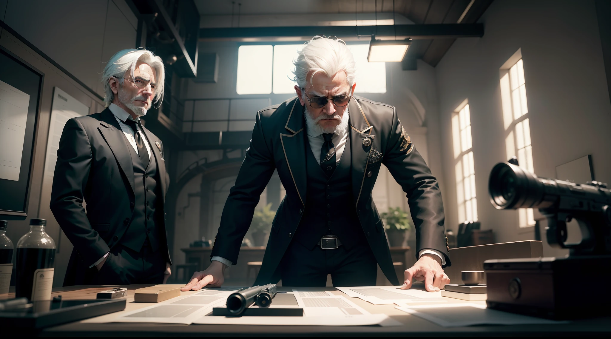 /imagine prompt: illustration of In the room, the white haired assassin pointed a gun at the head of a middle-aged man with black hair ,Coercive questioning::15, White haired elderly man::13, Holding a gun in hand::15, film::12, rule of thirds composition::8, tilt-shift::13, ultrawide shot::3, Unreal Engine::15, Studio light::8, beautiful lighting::13, Cinematic light::12, Bold and bright::10, Dramatic::13, hyper quality::12, Steampunk cityscape::14, Steam-powered machinery::12 --seed 32455 --s 400 --q 2 --c 40